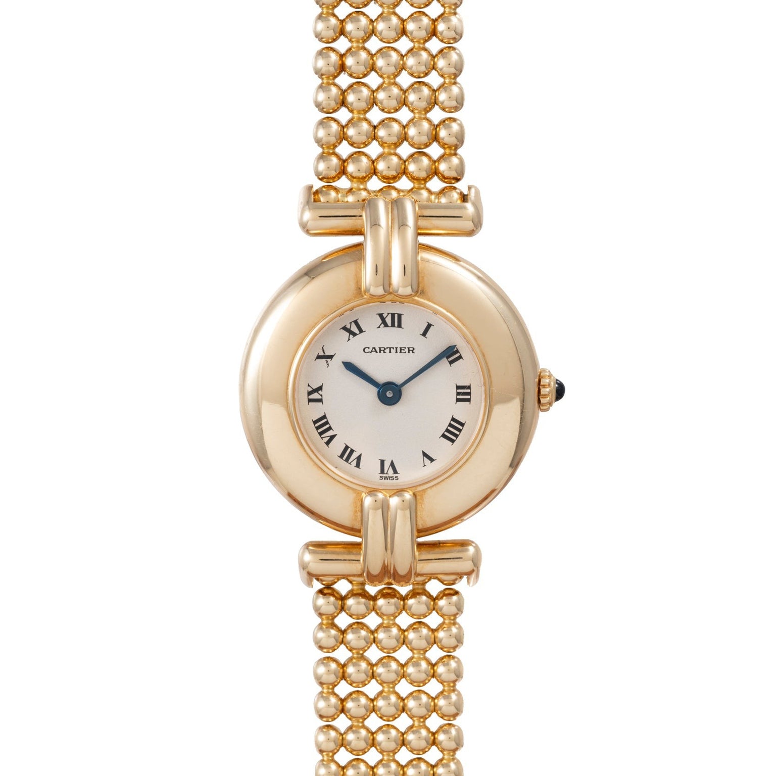 The Ladies Dress Watch by Cartier features a gold finish, round face, Roman numerals, and a beaded metal bracelet.