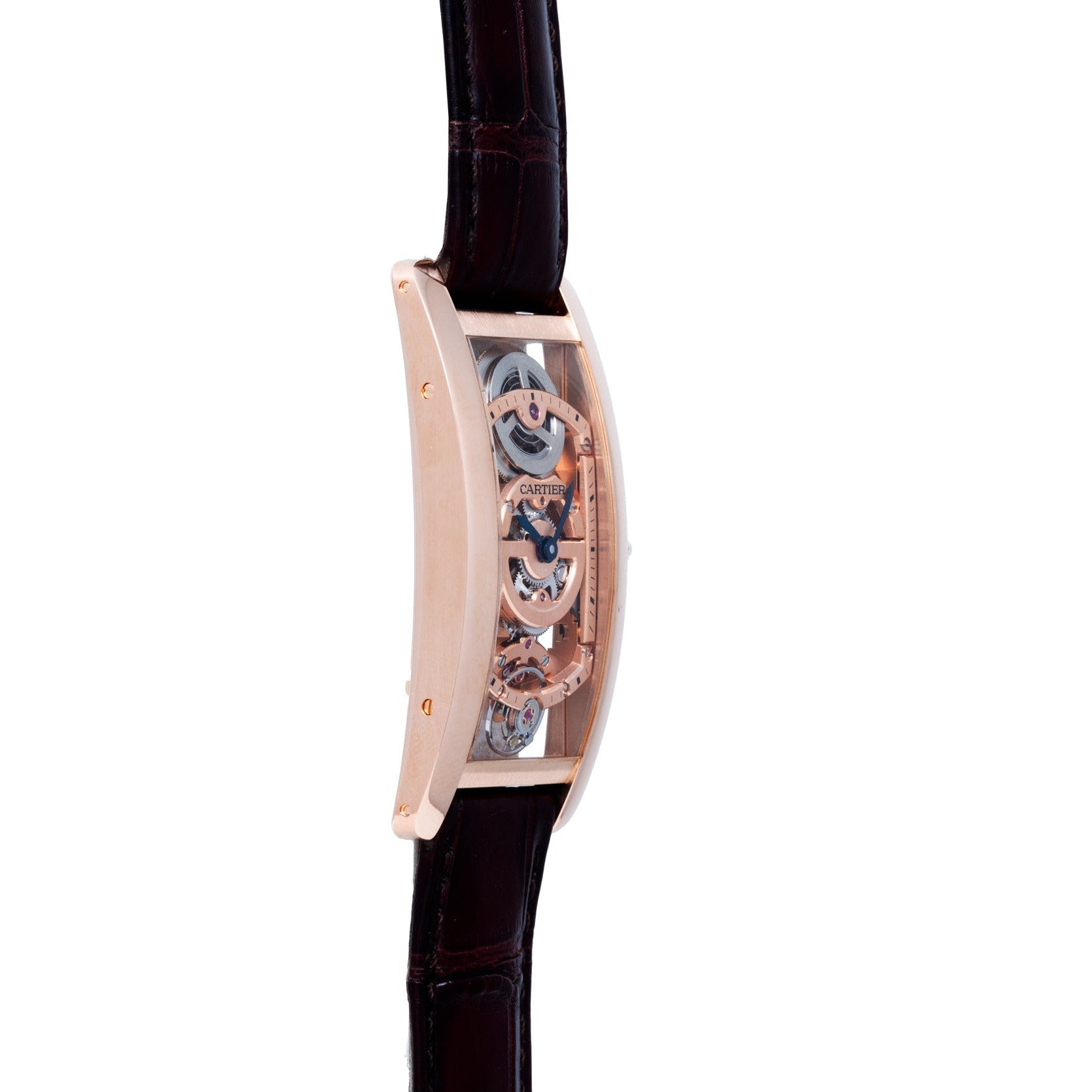 Side view of the Cartier Tank Cintreé Skeleton luxury watch featuring a transparent case, visible gears, and a dark leather strap.