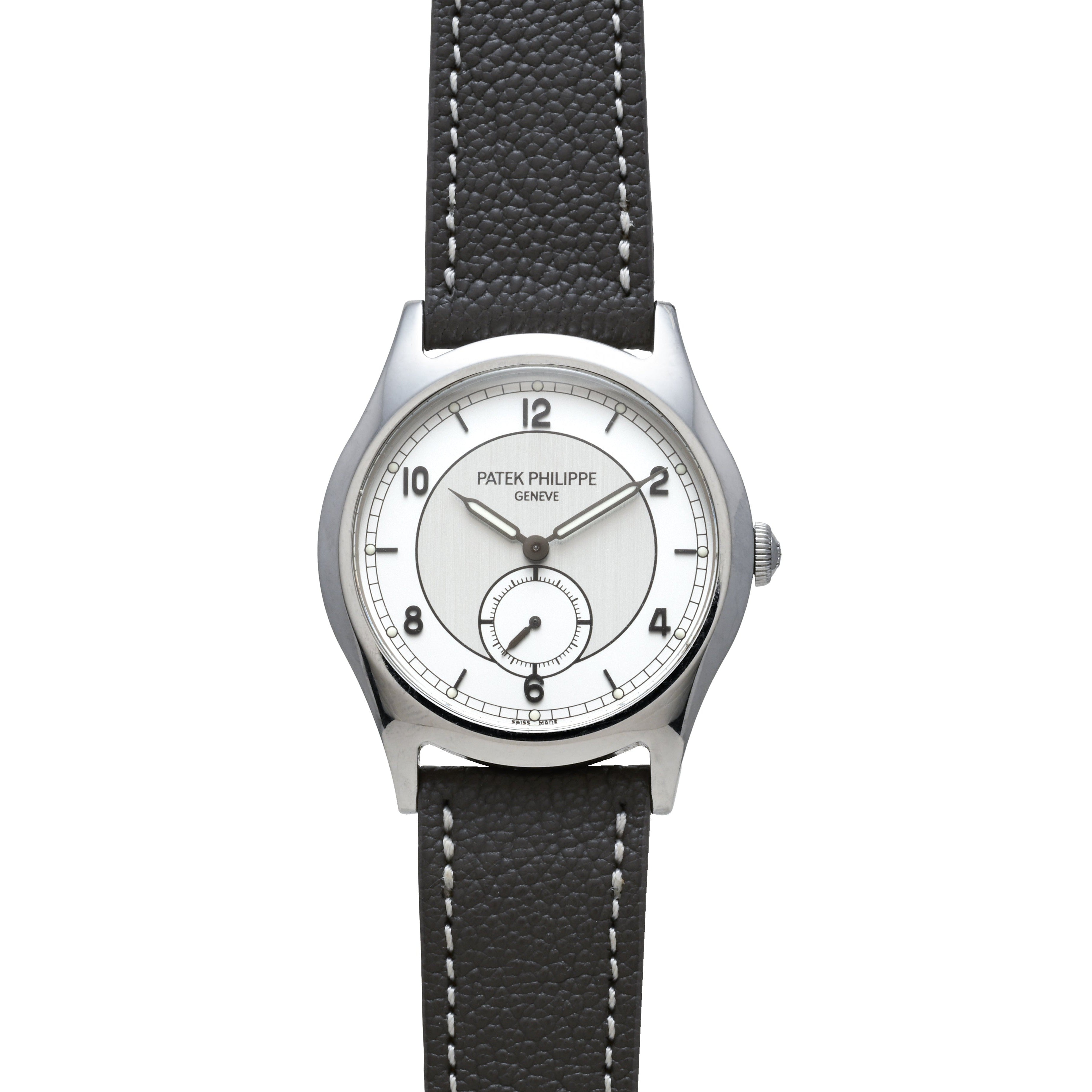 A Patek Philippe Calatrava Geneva Boutique Limited Edition wristwatch with a silver case, white dial, and black leather strap displays the time 12:10.