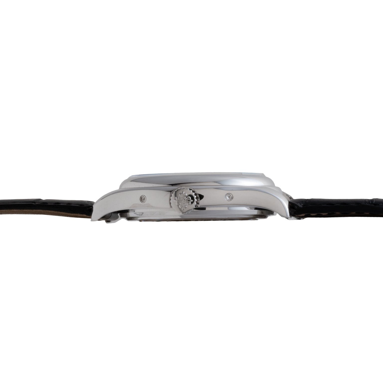 Side view of the Patek Philippe Annual Calendar Moonphase wristwatch featuring a silver case, visible crown, and black leather strap.