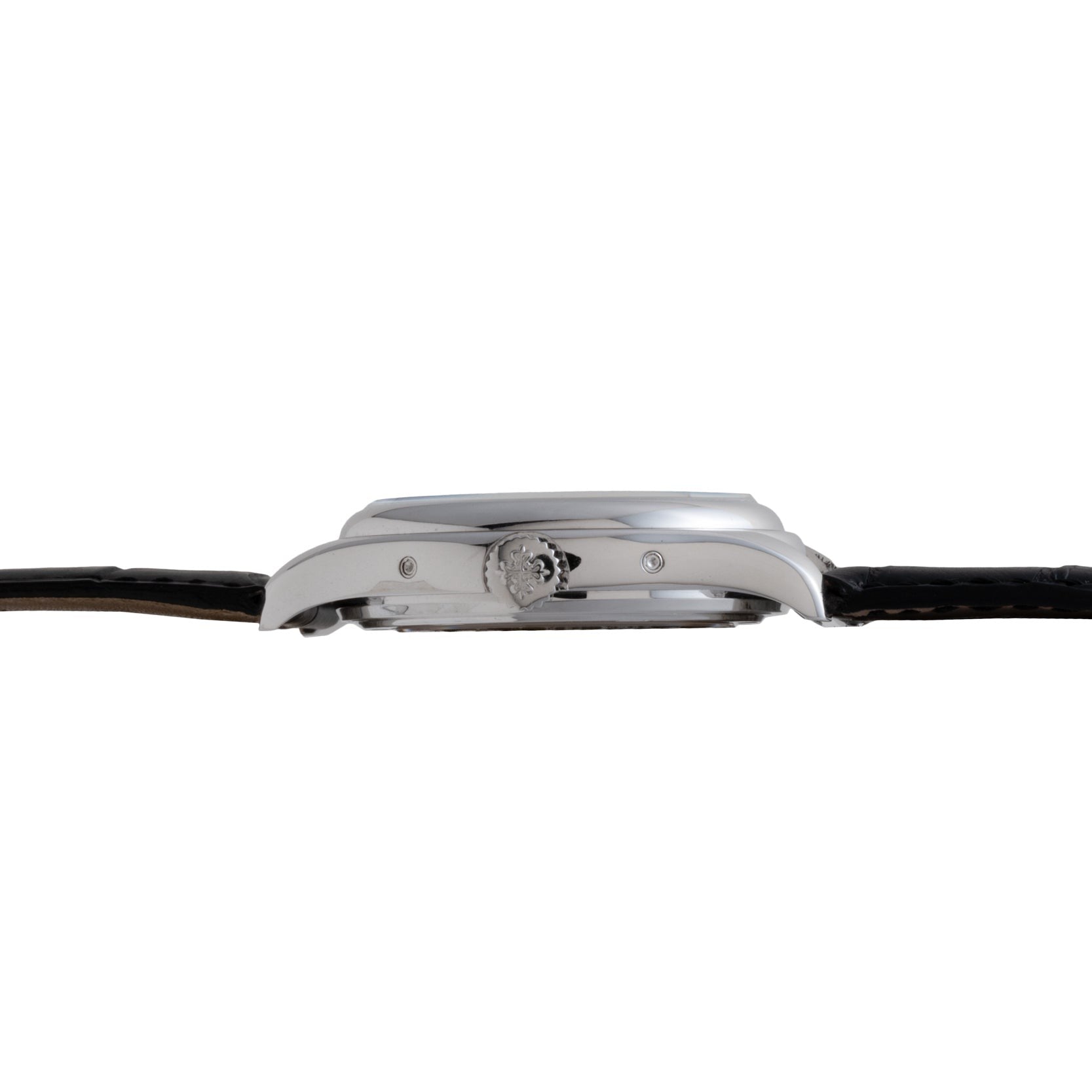 Side view of the Patek Philippe Annual Calendar Moonphase wristwatch featuring a silver case, visible crown, and black leather strap.