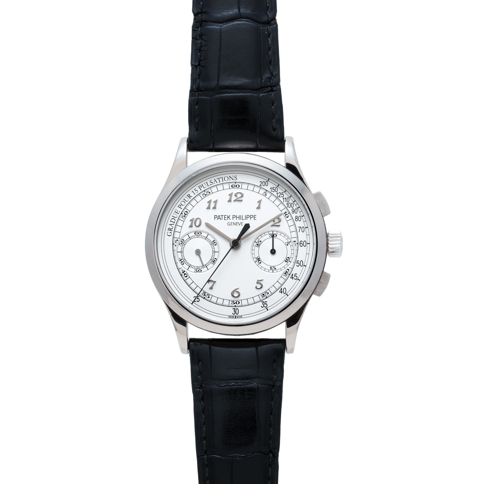 A Patek Philippe Chronograph wristwatch featuring a white dial and a black leather strap, shown from the front.