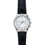 A Patek Philippe Chronograph wristwatch featuring a white dial and a black leather strap, shown from the front.