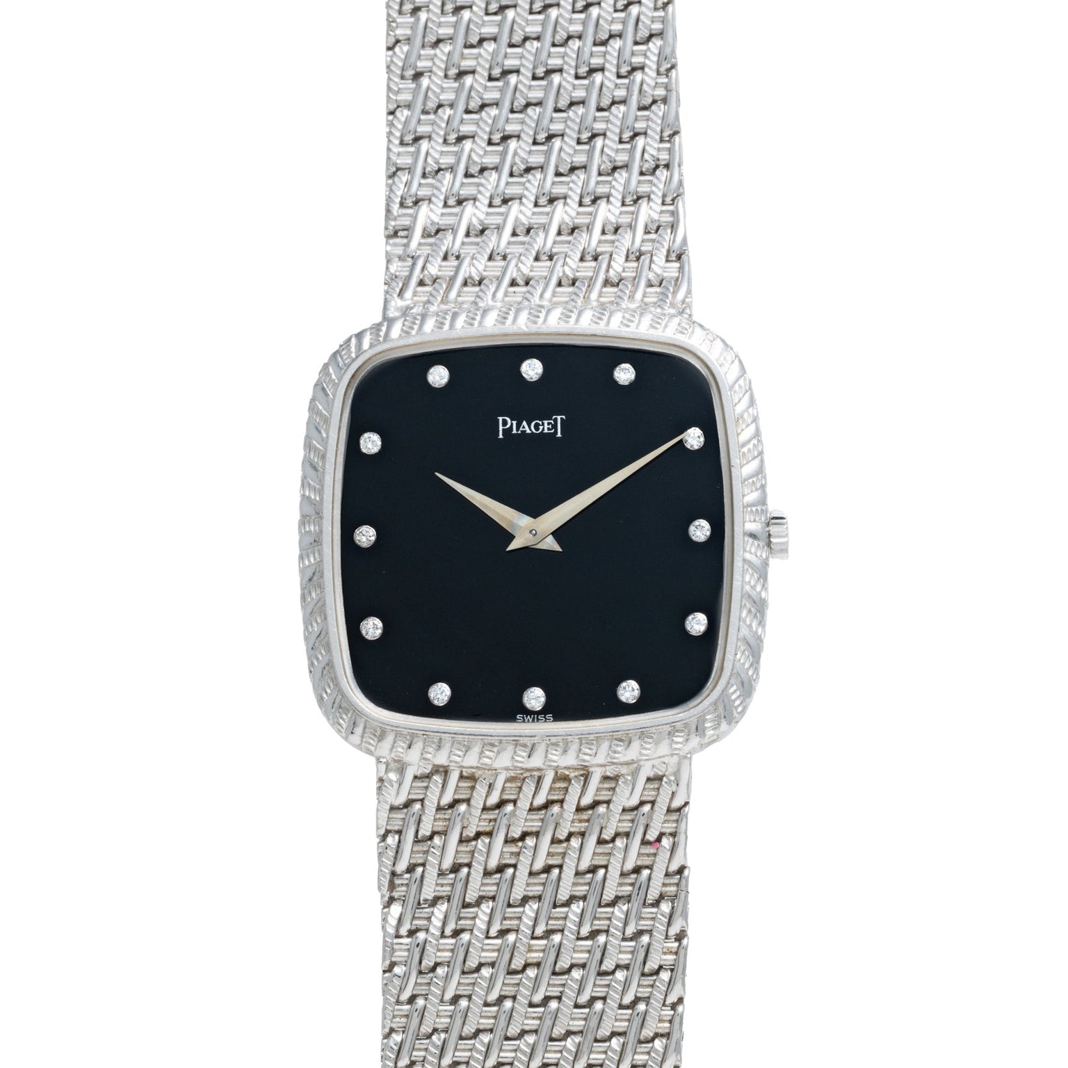 A Piaget Onyx Dial White Gold Dress Watch featuring a textured band and a black square dial with diamond hour markers.