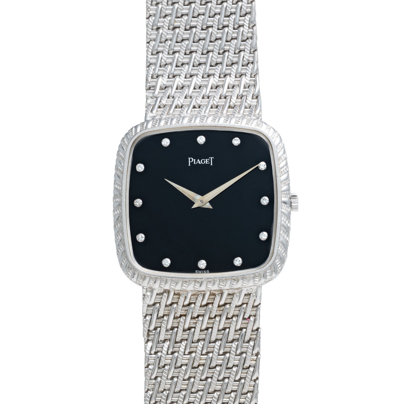 A Piaget Onyx Dial White Gold Dress Watch featuring a textured band and a black square dial with diamond hour markers.