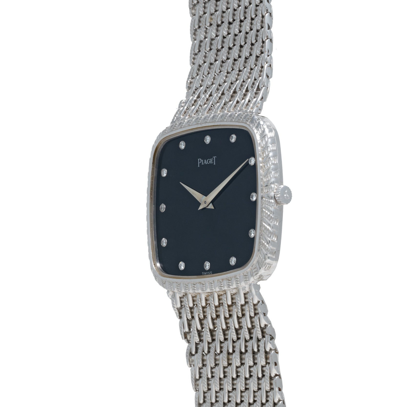 Piaget Onyx Dial White Gold Dress Watch featuring a black rectangular face, diamond hour markers, and a textured white gold band.