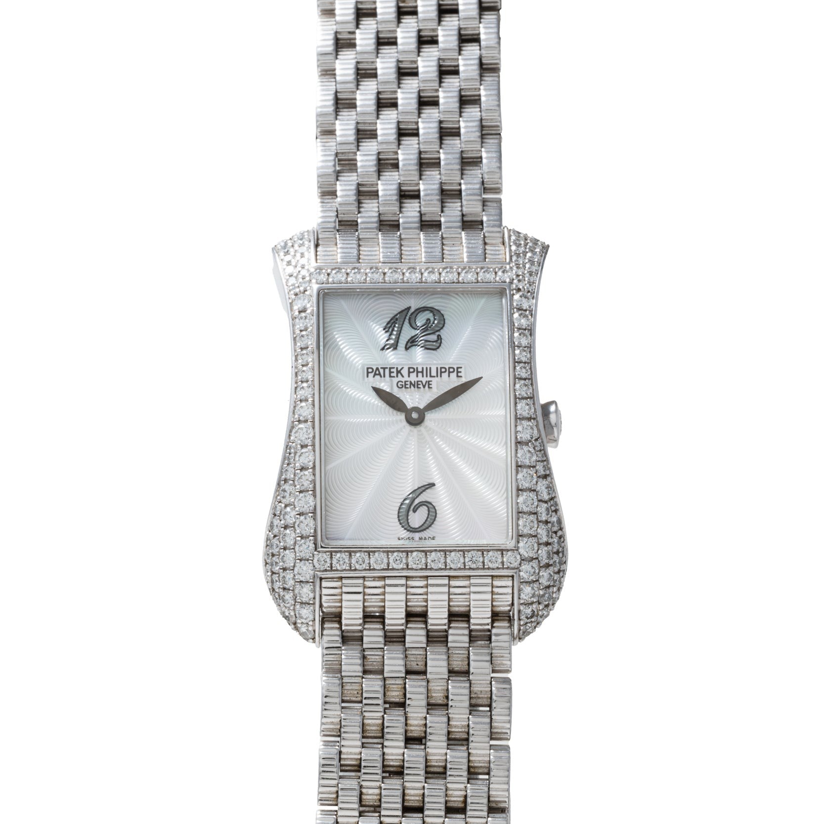The Patek Philippe Gondolo Ladies wristwatch features a silver case, woven metal band, and a diamond-encrusted bezel.