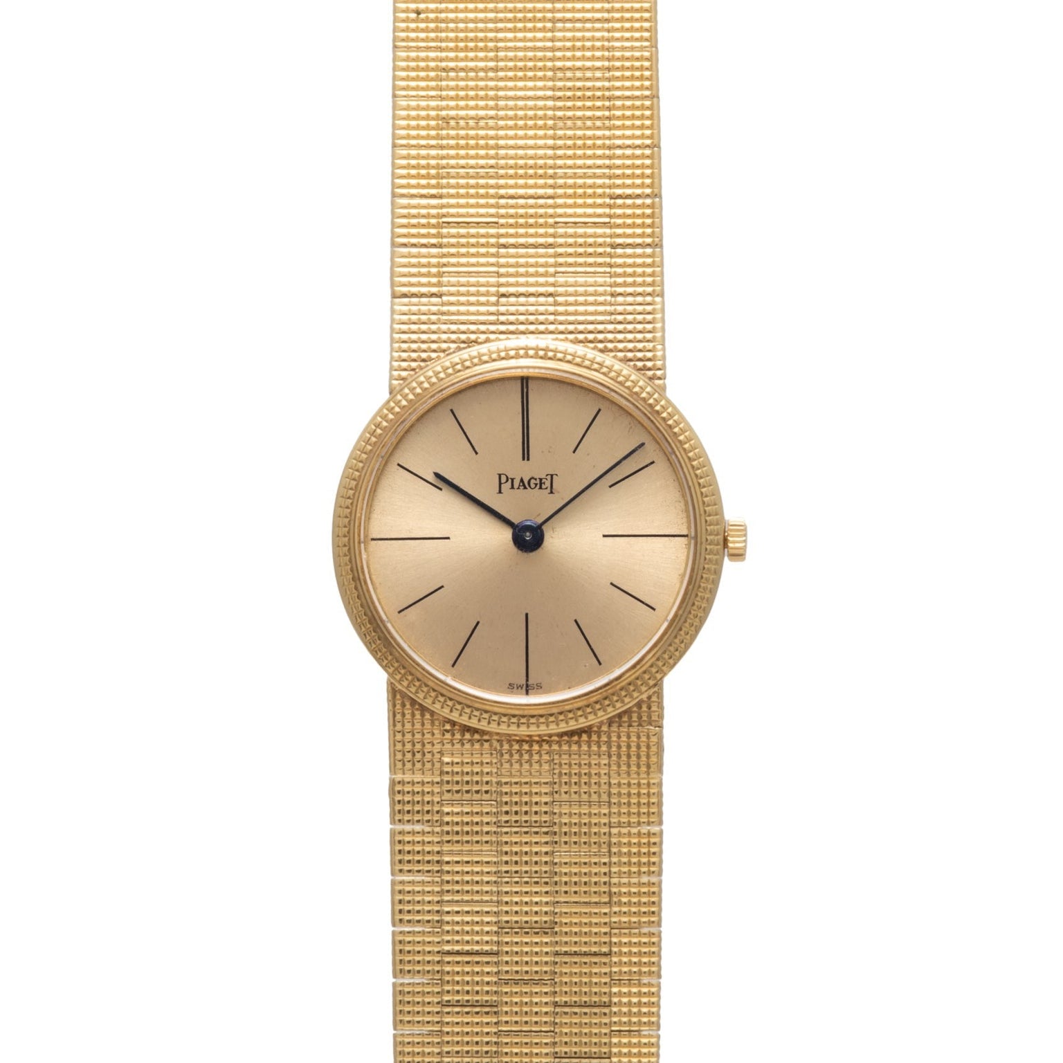 Piaget 18K Yellow Gold Dress Watch featuring a round face, minimalist design, and textured gold band.