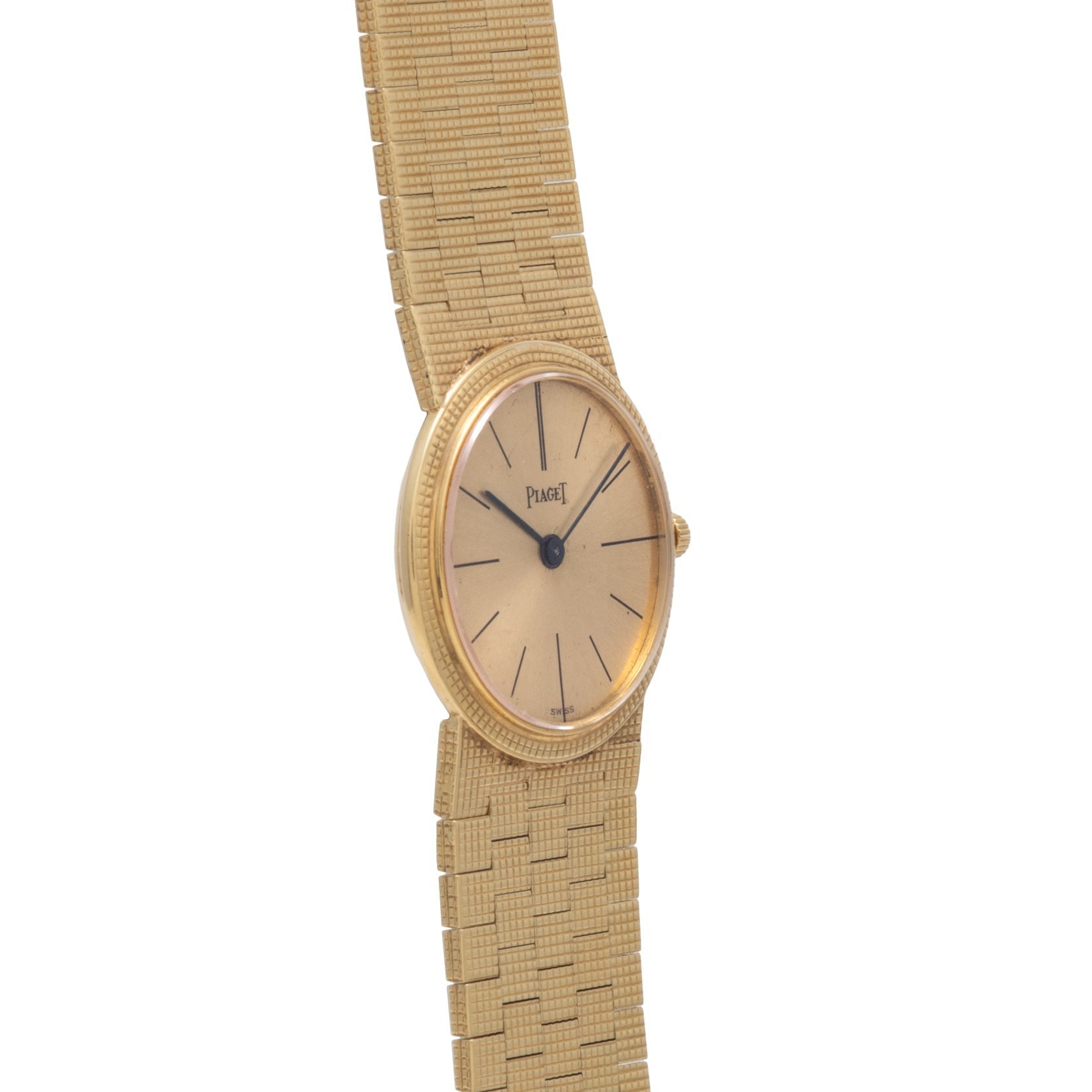 18K Yellow Gold Dress Watch by Piaget, featuring a textured band and minimalistic dial with black hour markers and hands.