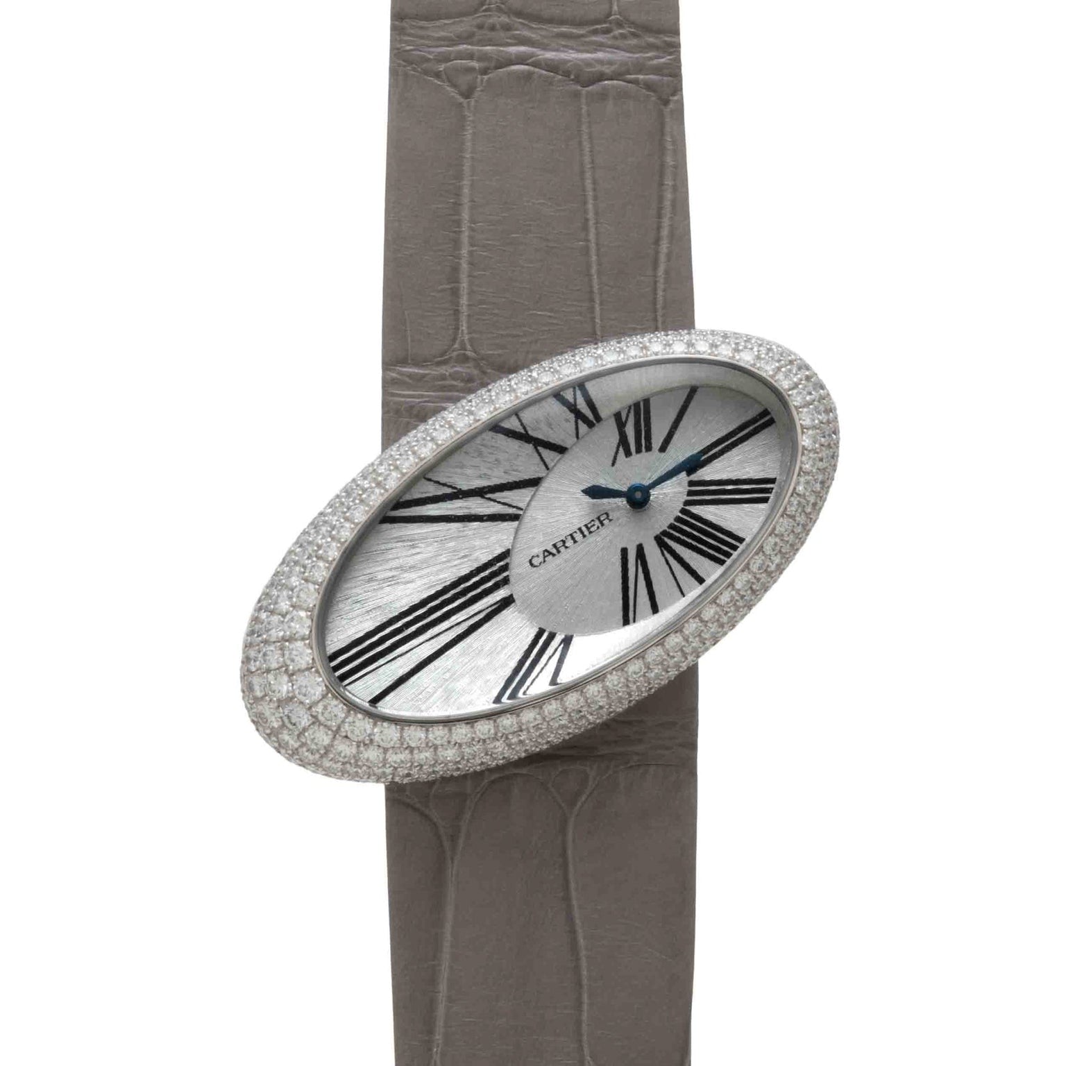A Cartier Libre Hypnose watch with a diamond bezel, Roman numerals, and a grey leather strap.