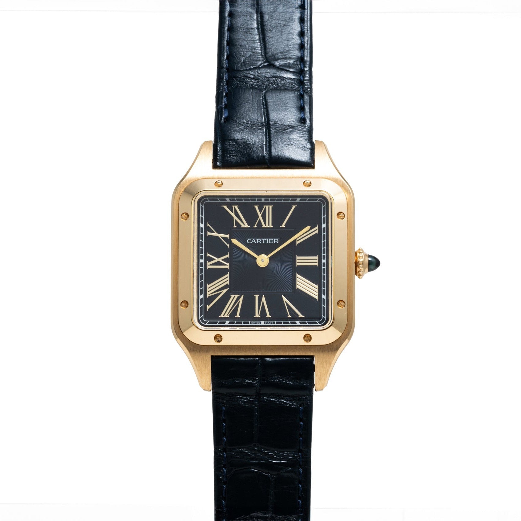 The Cartier Santos Dumont watch features a square black face with Roman numerals and a black leather strap, shown on a white background.