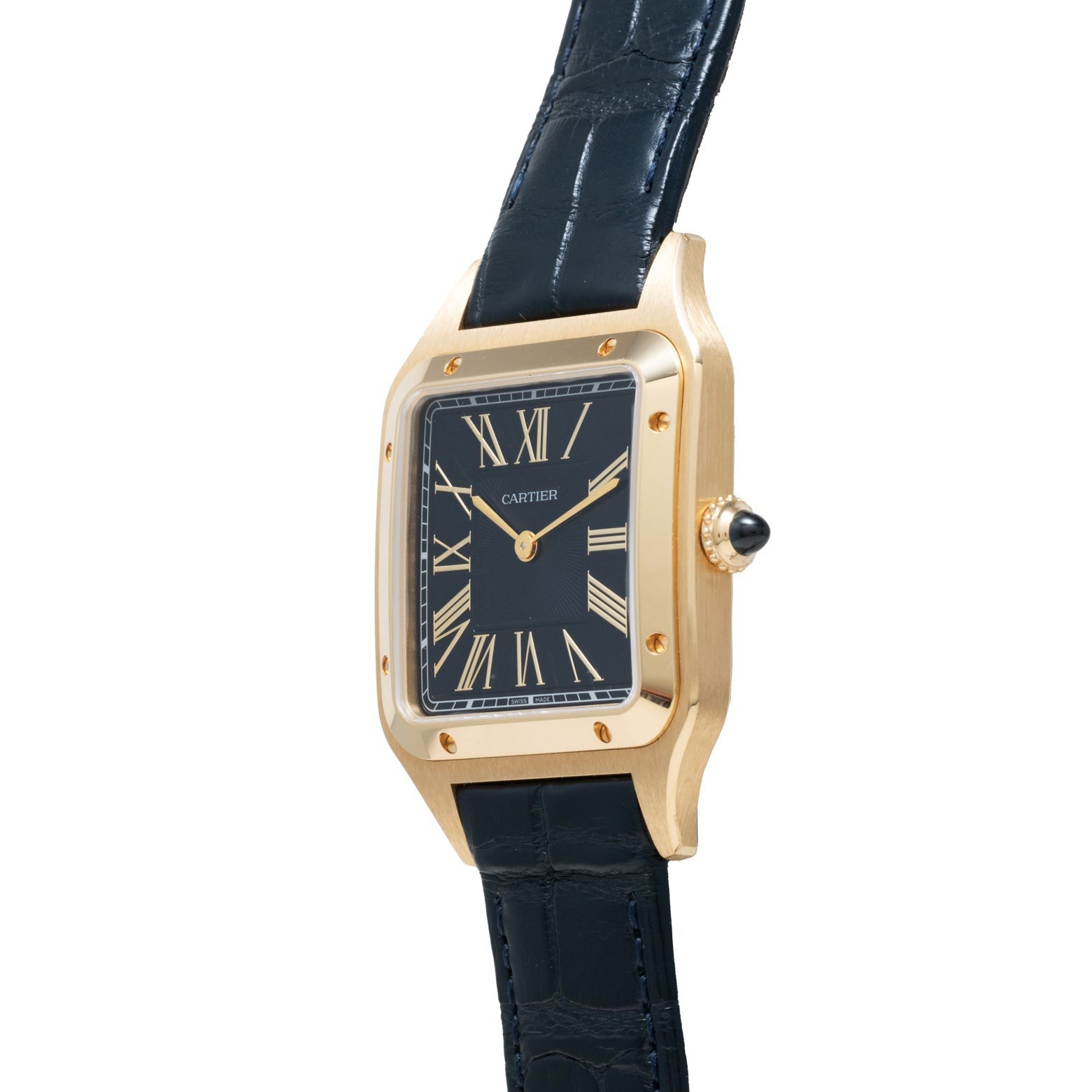 Cartier Santos Dumont gold watch featuring a square black dial with Roman numerals and a black leather strap, shown at an angle.