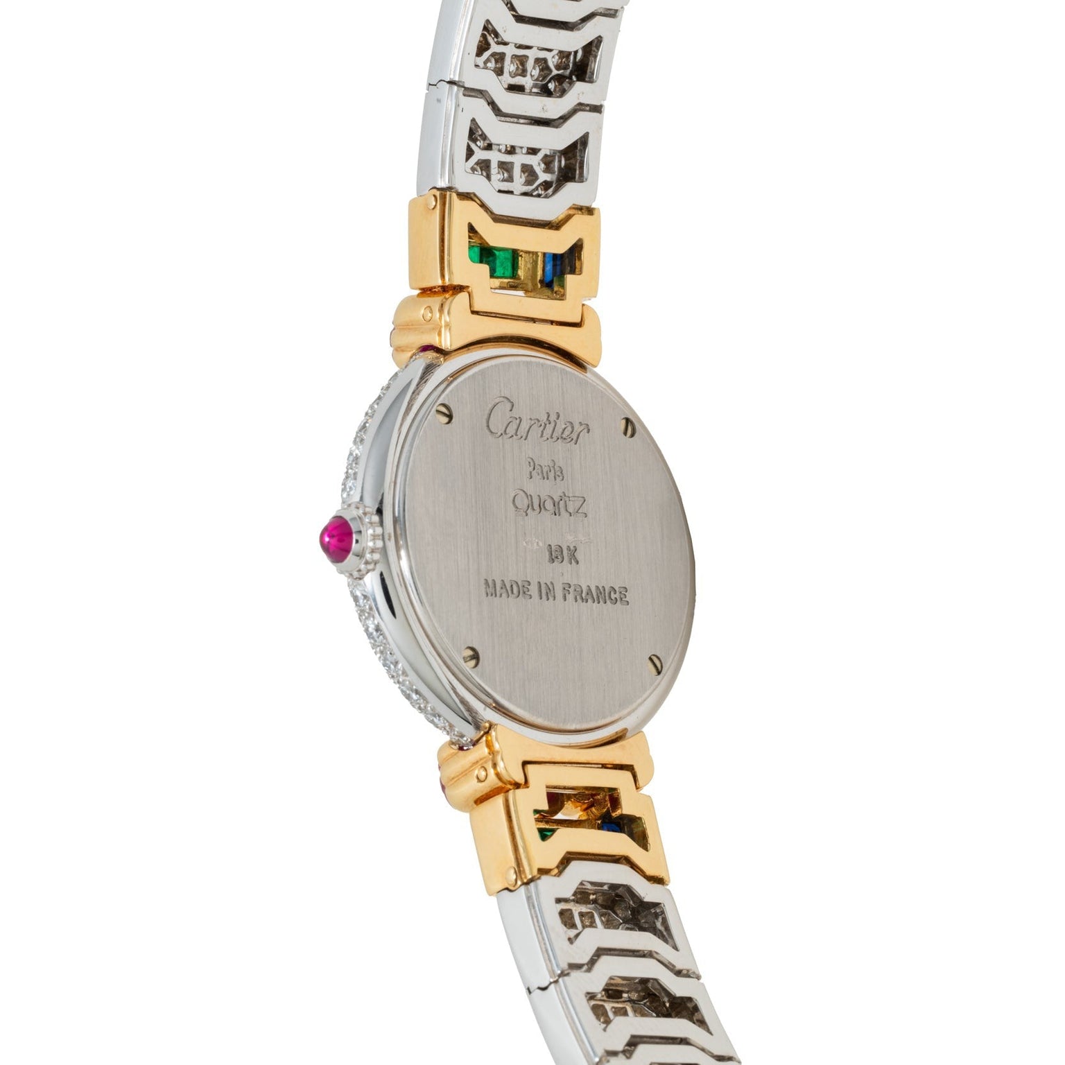 The back of a Cartier Colisee Tutti Frutti Diamond wristwatch features metal links, gold accents, and engraved text on the case.