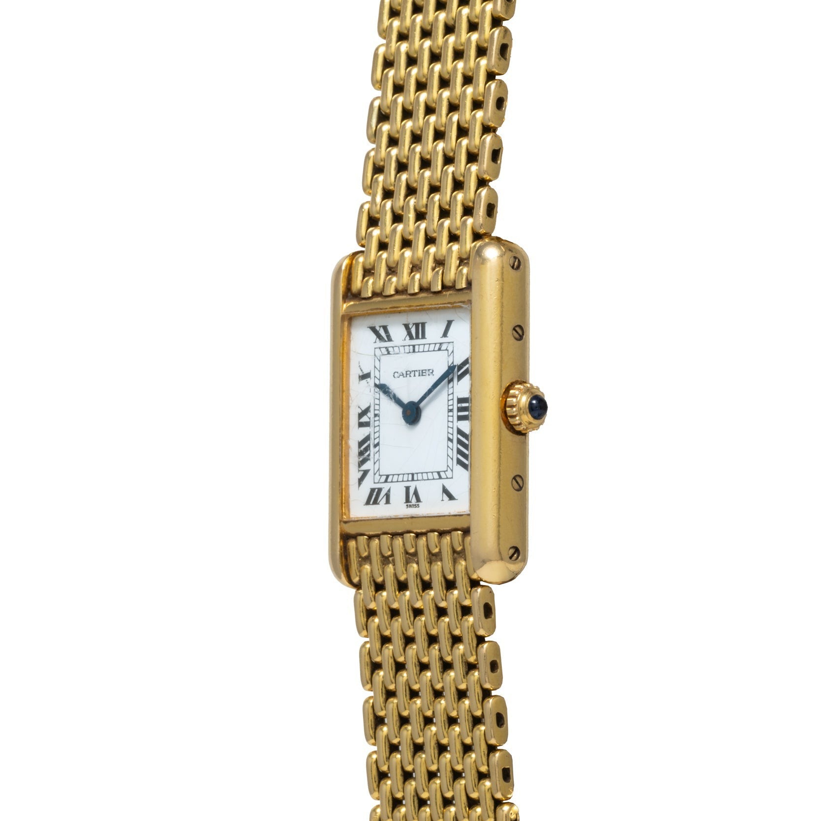 Cartier Tank Louis gold wristwatch featuring a rectangular face, Roman numerals, and a mesh bracelet shown upright.