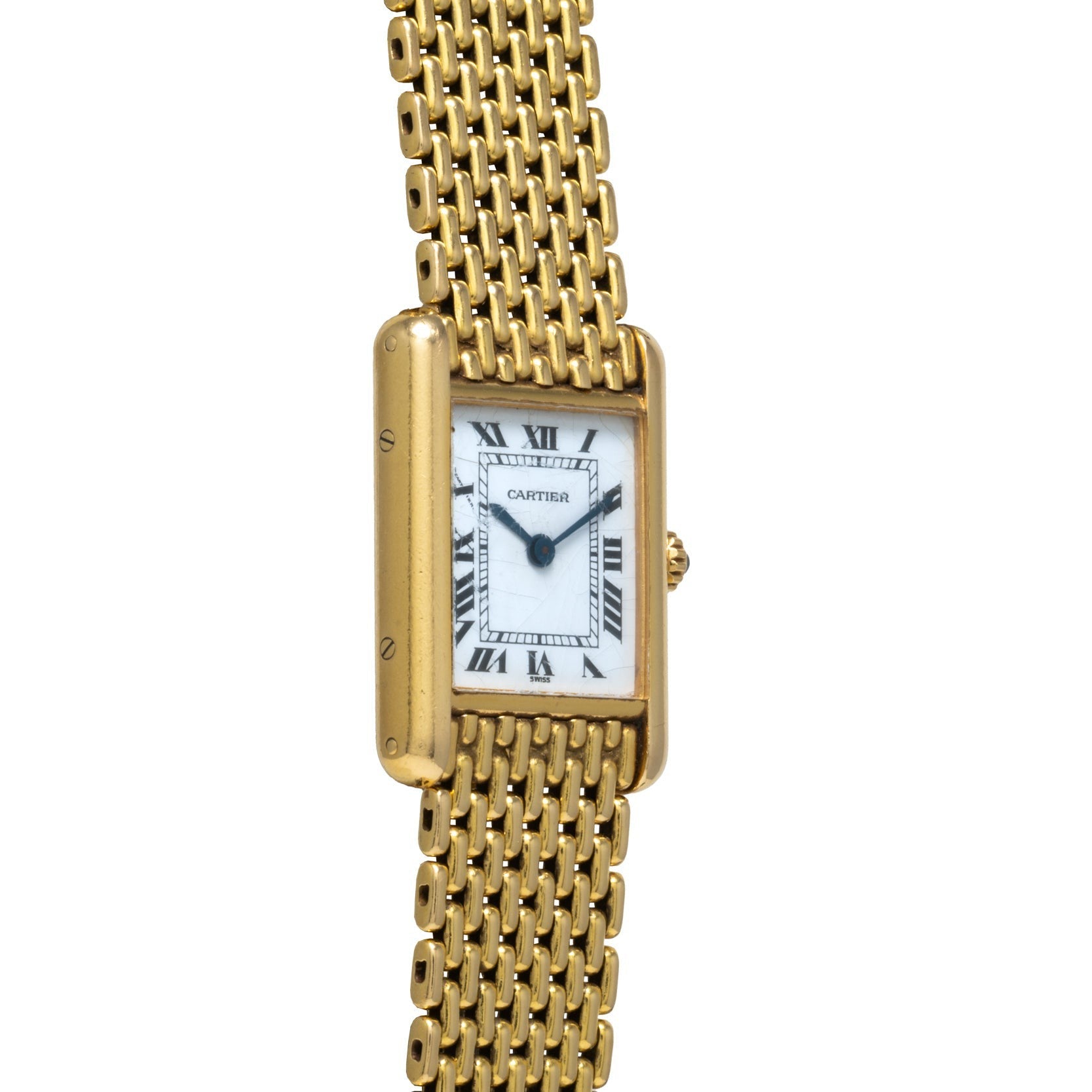 The Cartier Tank Louis is a gold wristwatch featuring a rectangular face, Roman numerals, and a gold link bracelet.