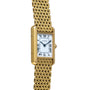 The Cartier Tank Louis is a gold wristwatch featuring a rectangular face, Roman numerals, and a gold link bracelet.