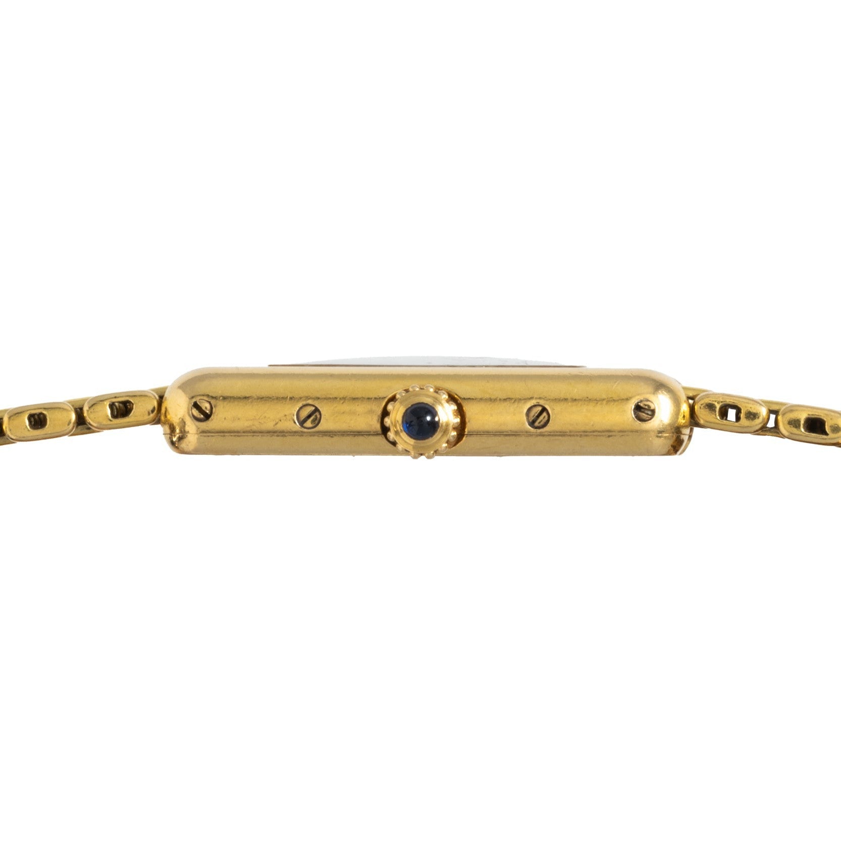 Side view of the Cartier Tank Louis, featuring a gold case with a round crown and a linked gold band.