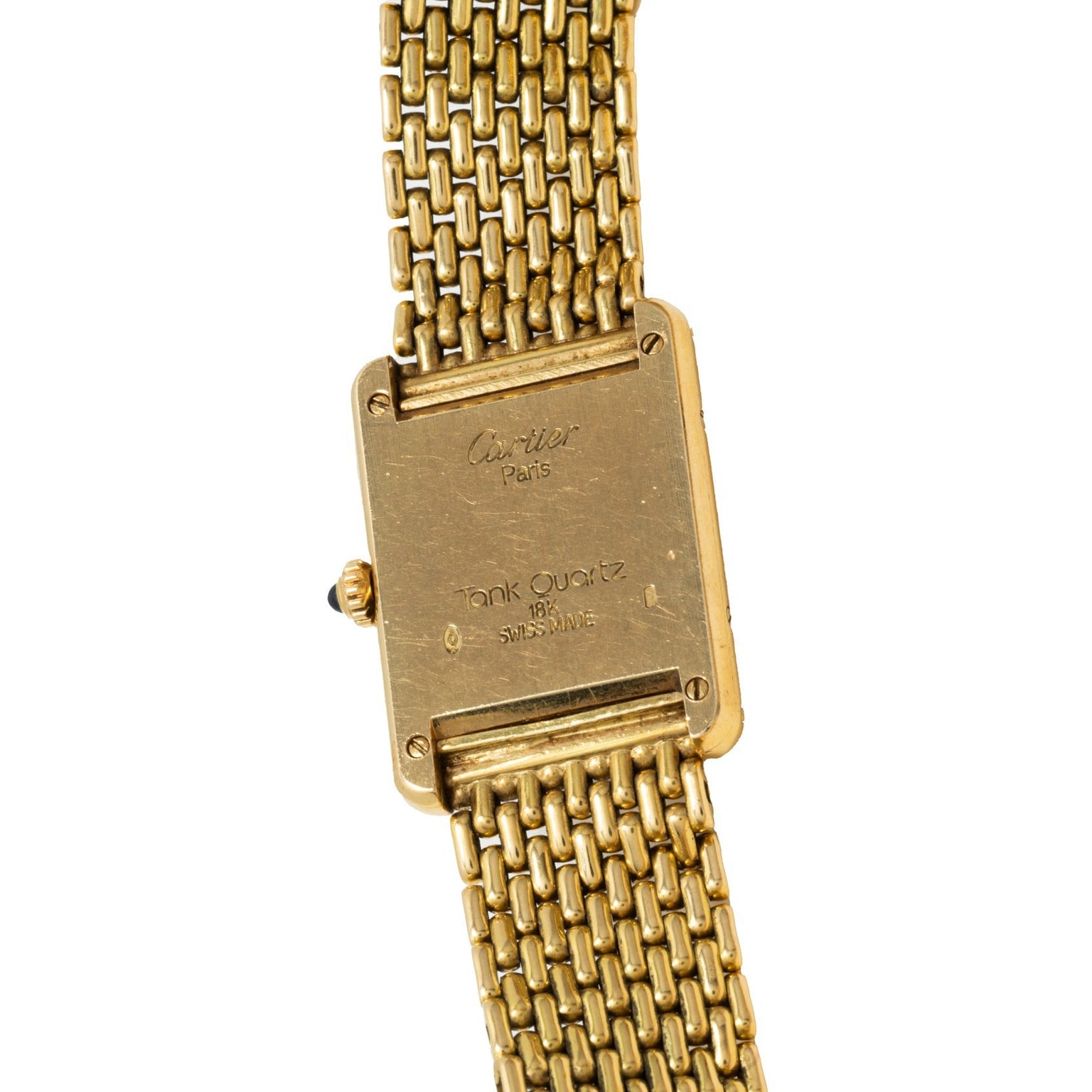 Back of a Cartier Tank Louis Quartz wristwatch featuring engraved markings and a mesh-style bracelet.