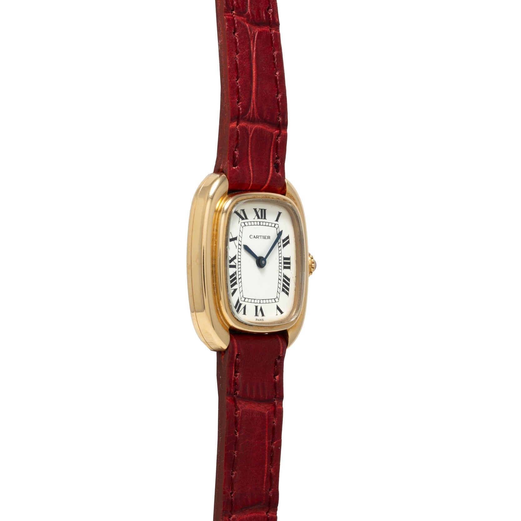 Gold Cartier Gondole Ladies wristwatch with a white face, Roman numerals, and a textured red leather strap.