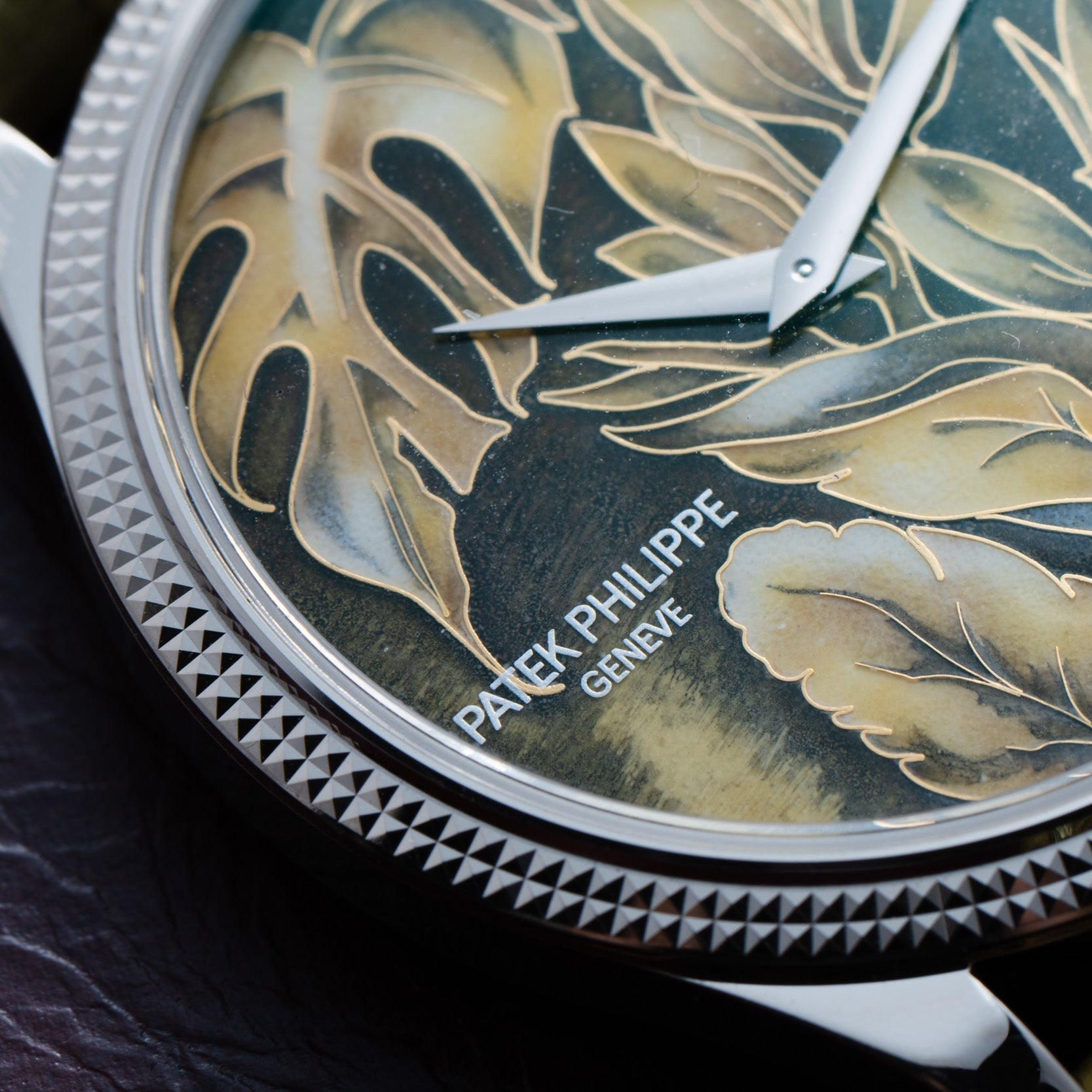 Close-up of a Patek Philippe Calatrava Cloisonné Tropical Leaves II watch face, featuring leaf patterns and silver hands, with the text Patek Philippe Geneve.