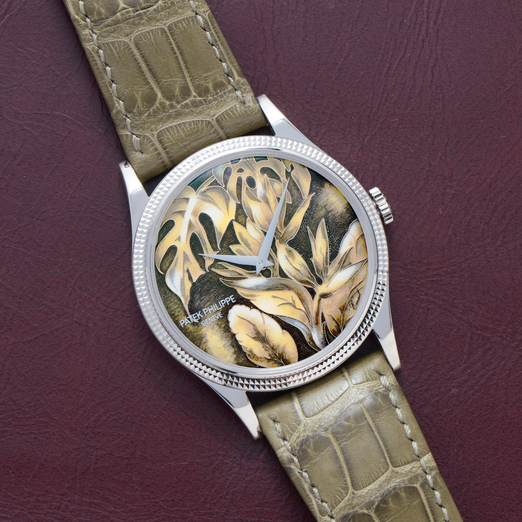 The Patek Philippe Calatrava Cloisonné Tropical Leaves II features a leaf-patterned face and olive green leather strap, showcased against a burgundy background.