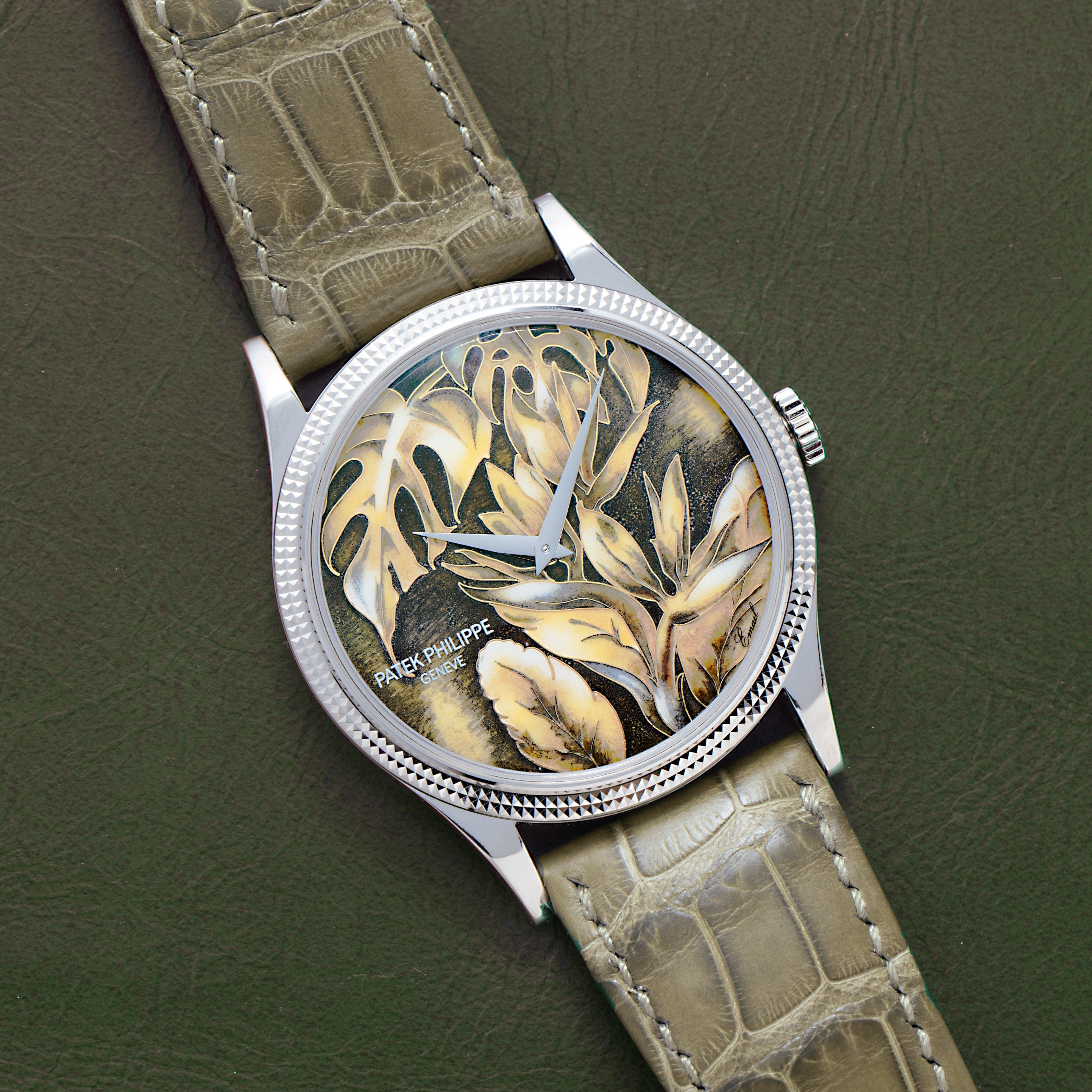 The Patek Philippe Calatrava Cloisonné Tropical Leaves II is a luxury watch with a green leather strap and an intricate leaf-patterned dial in earthy tones.