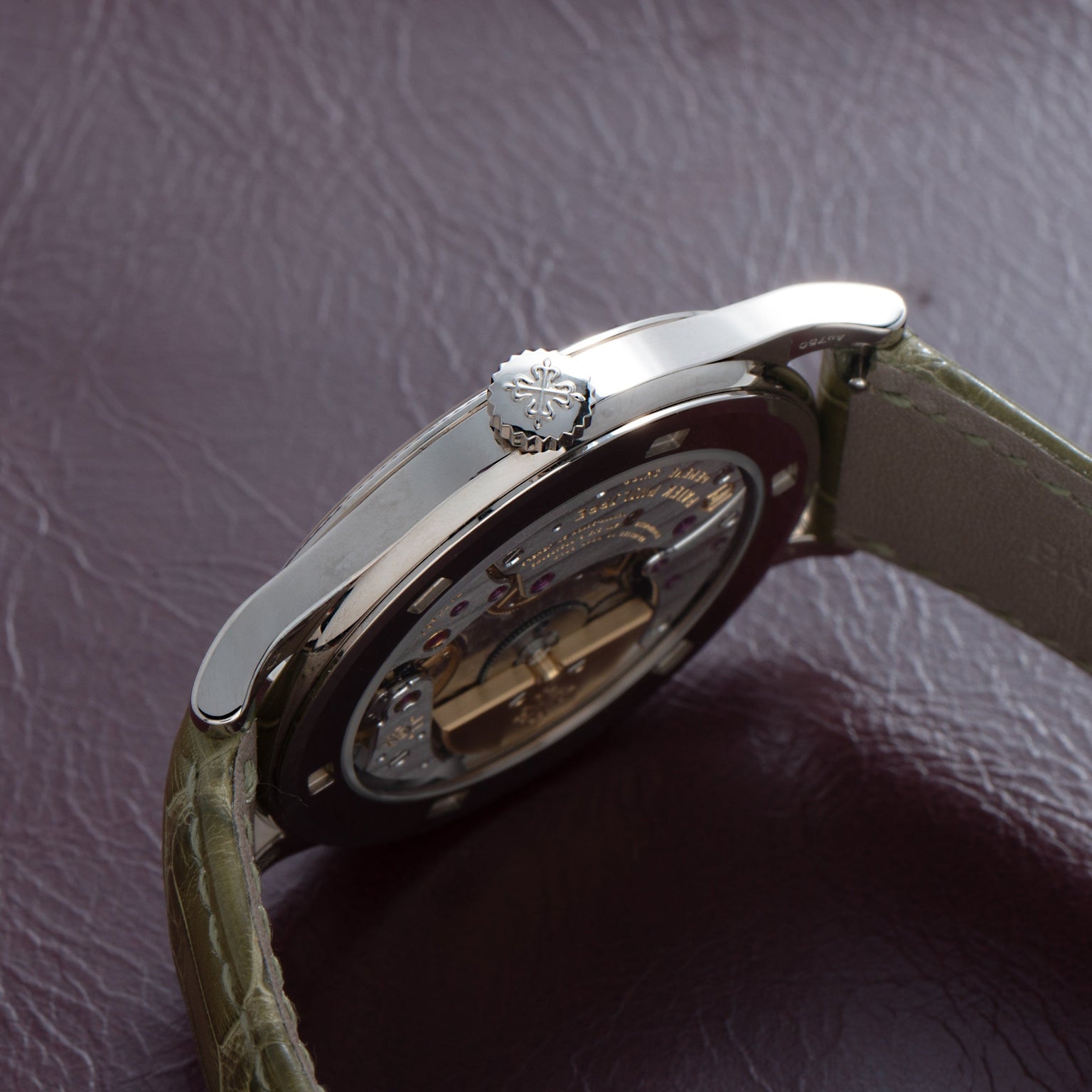 Close-up side view of the Patek Philippe Calatrava Cloisonné Tropical Leaves II luxury watch with a green strap on a textured brown surface.