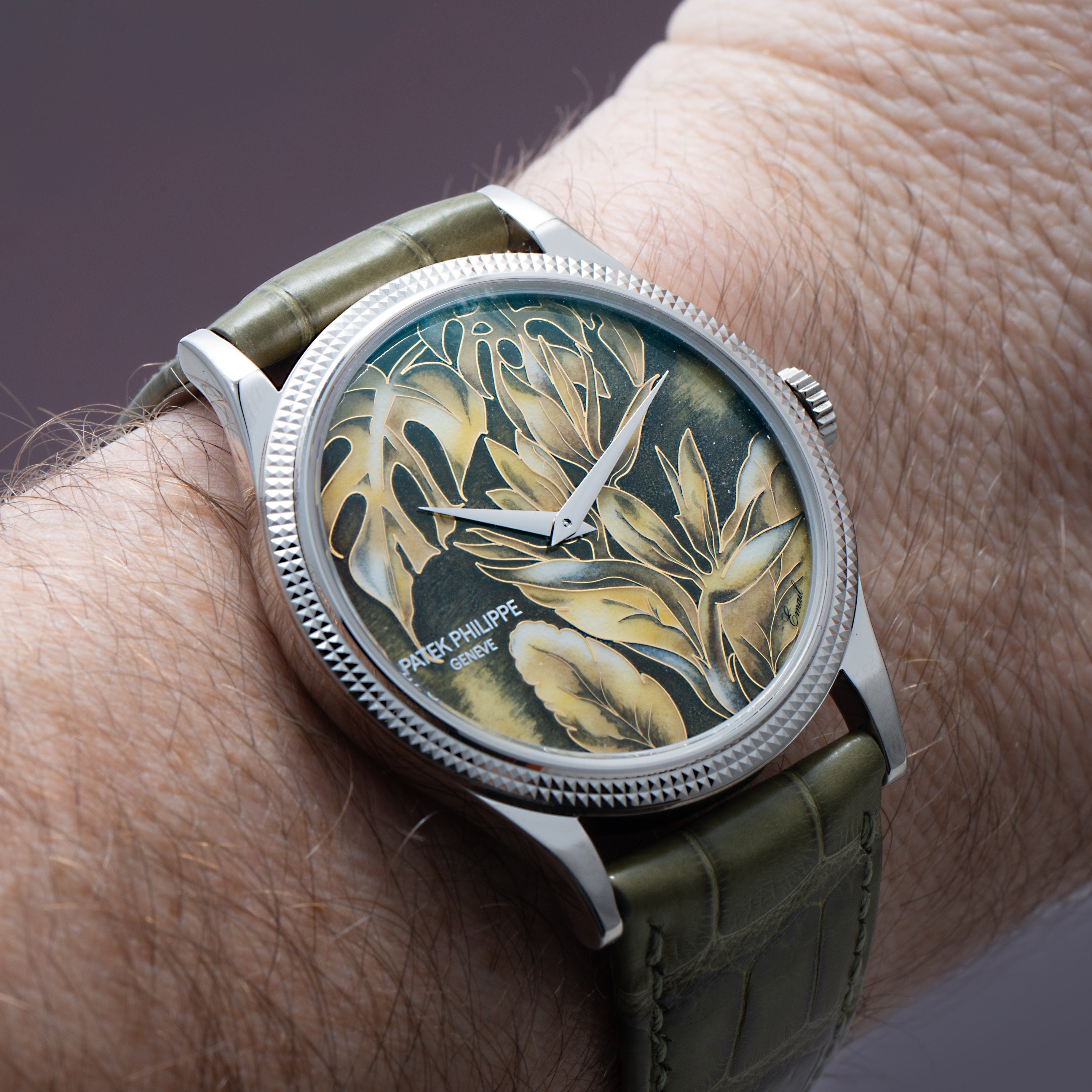 The Patek Philippe Calatrava Cloisonné Tropical Leaves II is a wristwatch with a green and gold leaf-patterned dial on a green leather strap, shown worn on a person’s wrist.