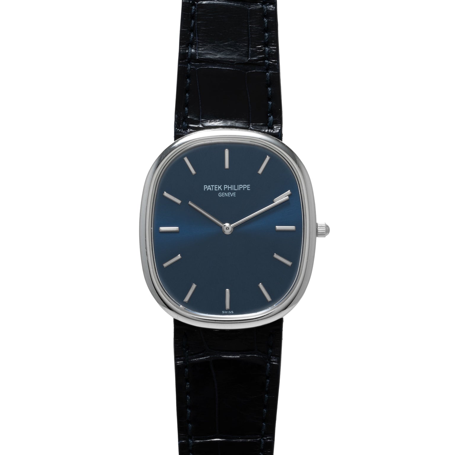 A Patek Philippe Ellipse Jumbo watch with a blue dial, silver markers, and a black leather strap is shown face up.