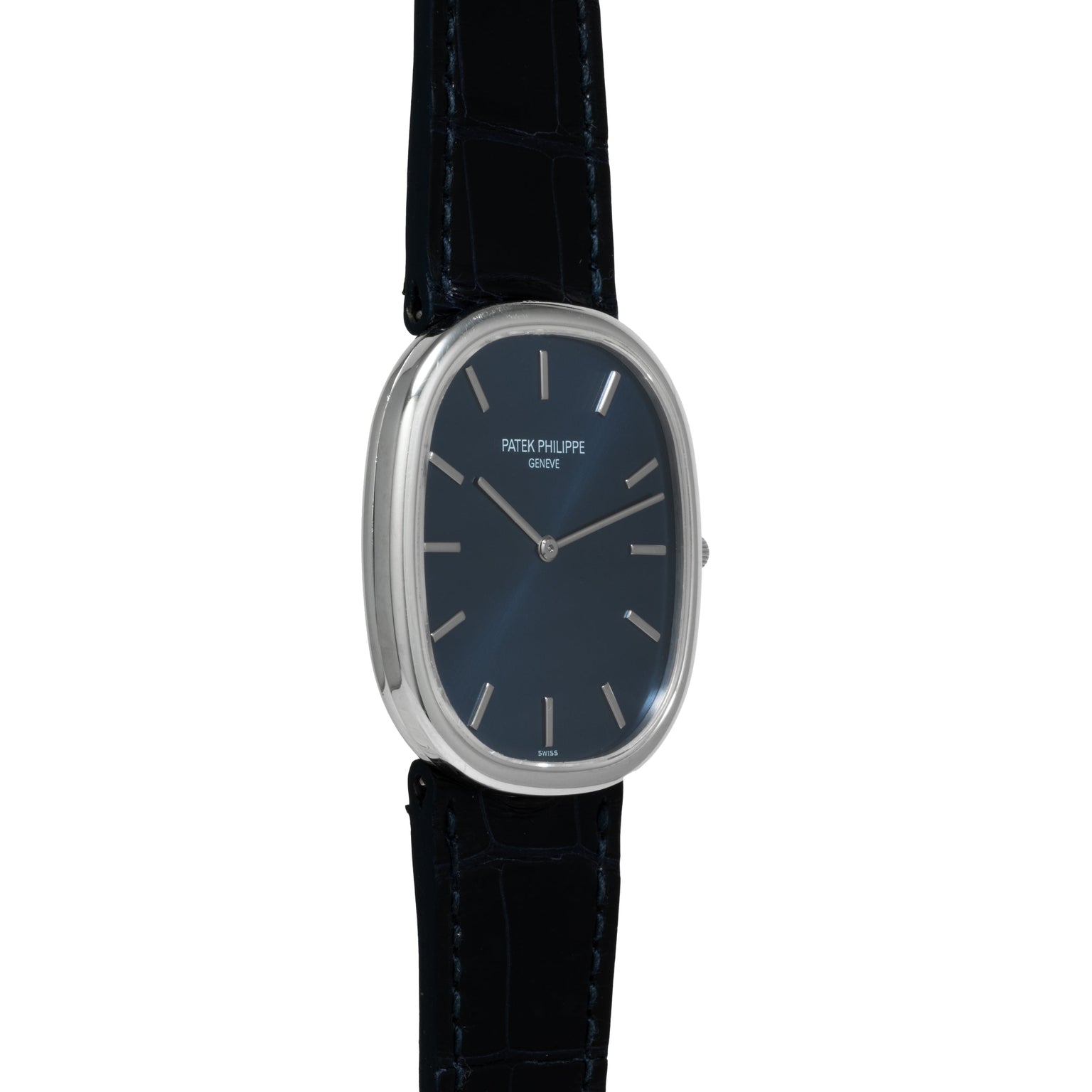 A Patek Philippe Ellipse Jumbo watch featuring a blue oval face, silver markers, and a black leather strap.
