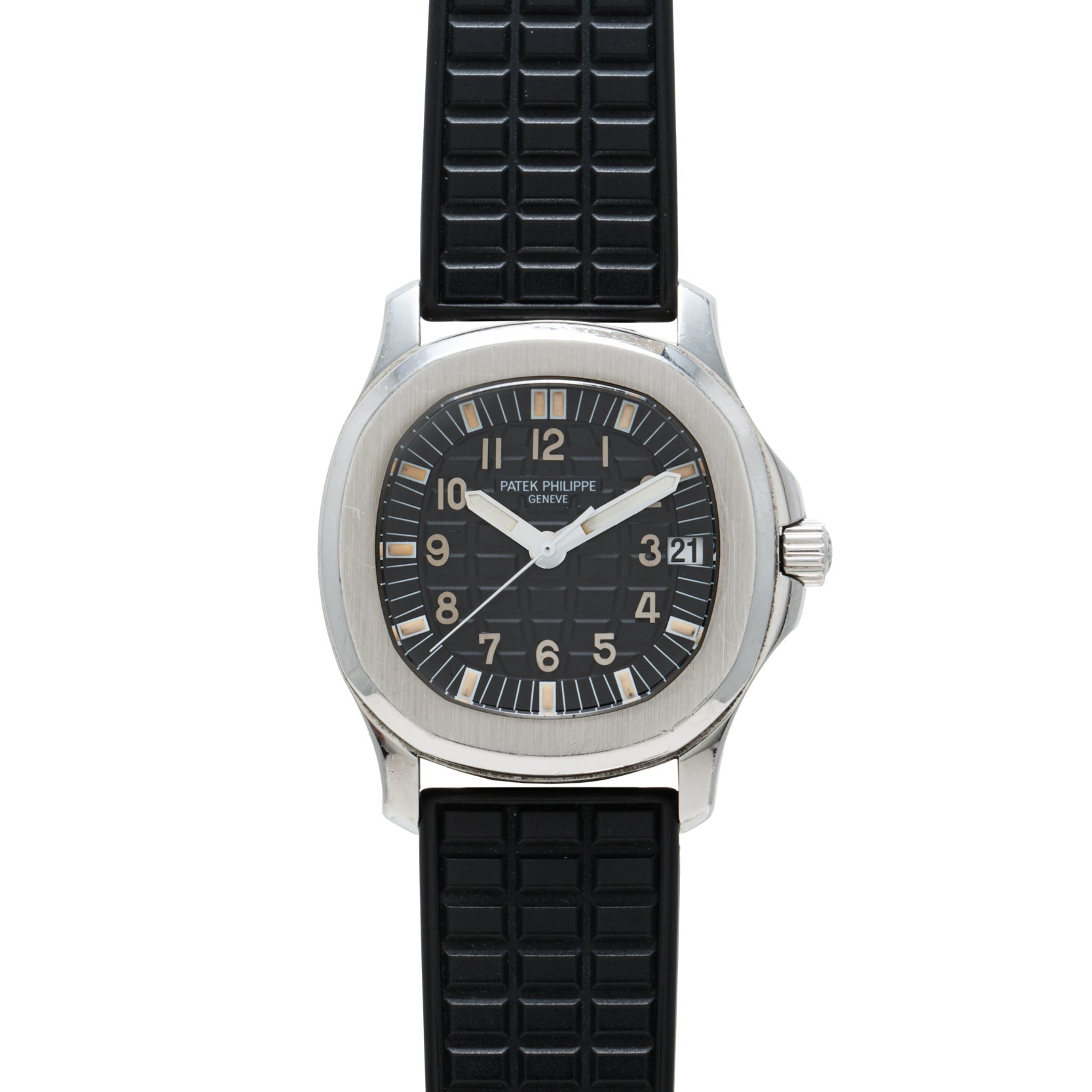 A Patek Philippe Aquanaut wristwatch featuring a black dial, black rubber strap, and date display.