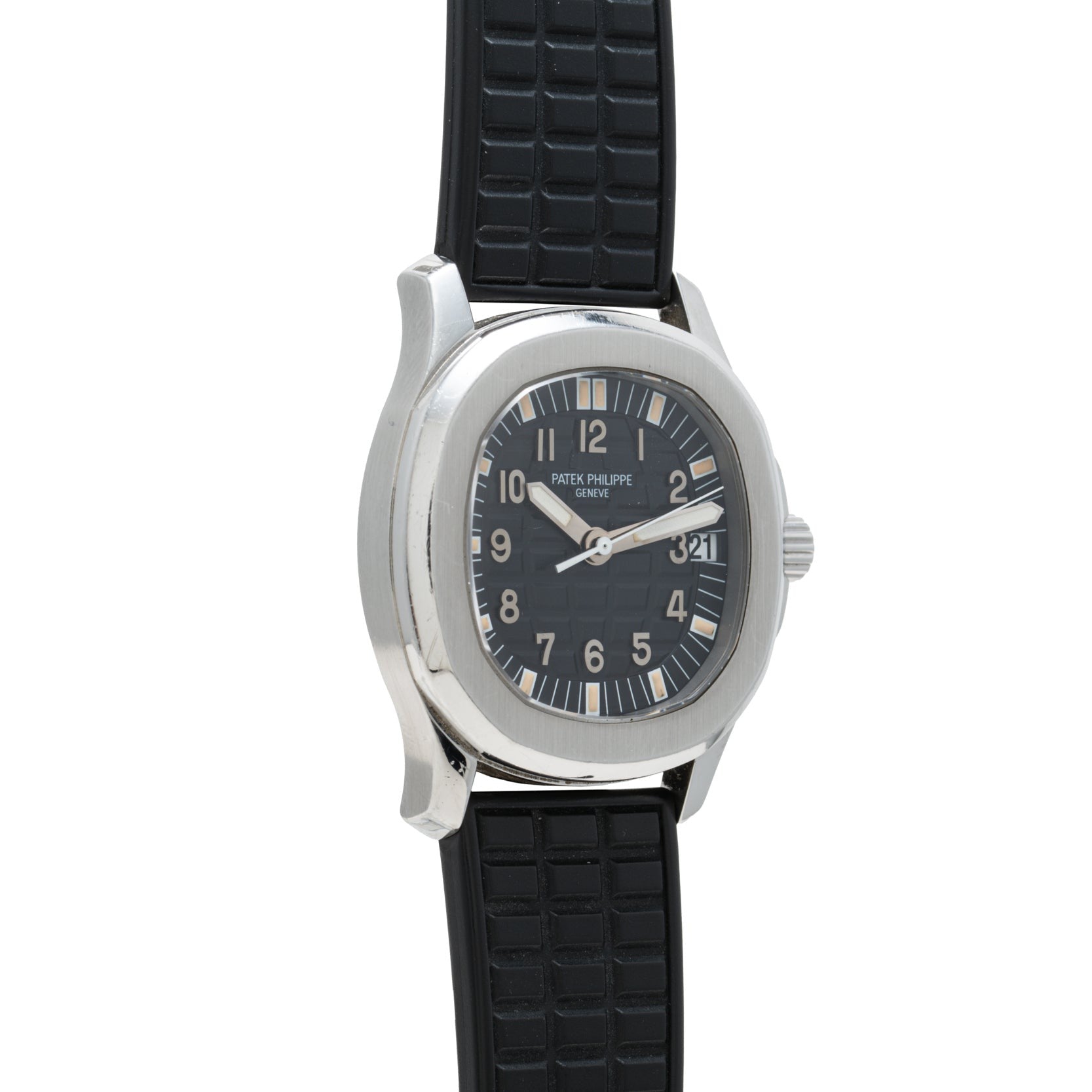 A Patek Philippe Aquanaut wristwatch with a black rubber strap and black dial, displayed at an angle.