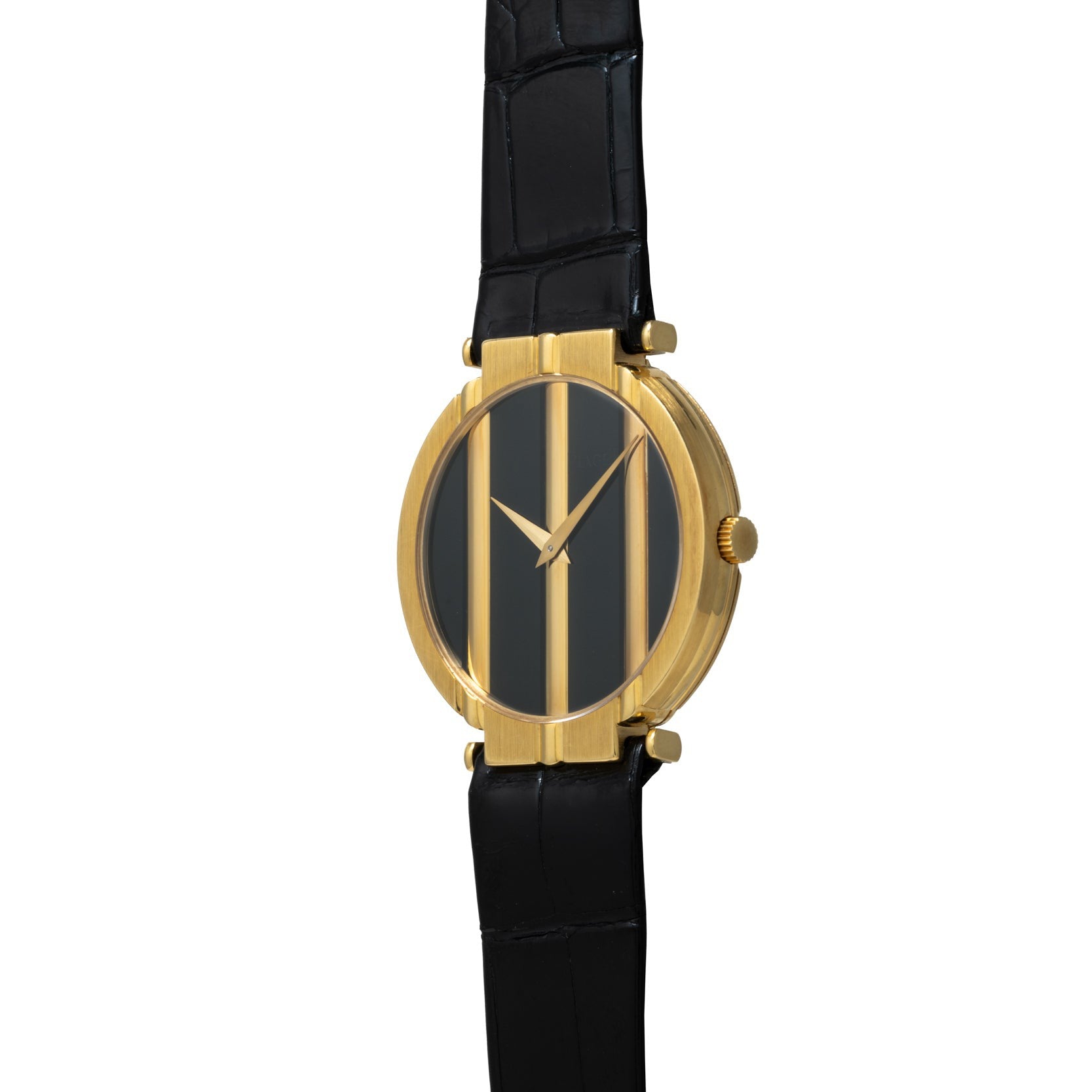The Piaget Polo Onyx is a gold wristwatch with a black face featuring vertical gold bars and a black leather strap.