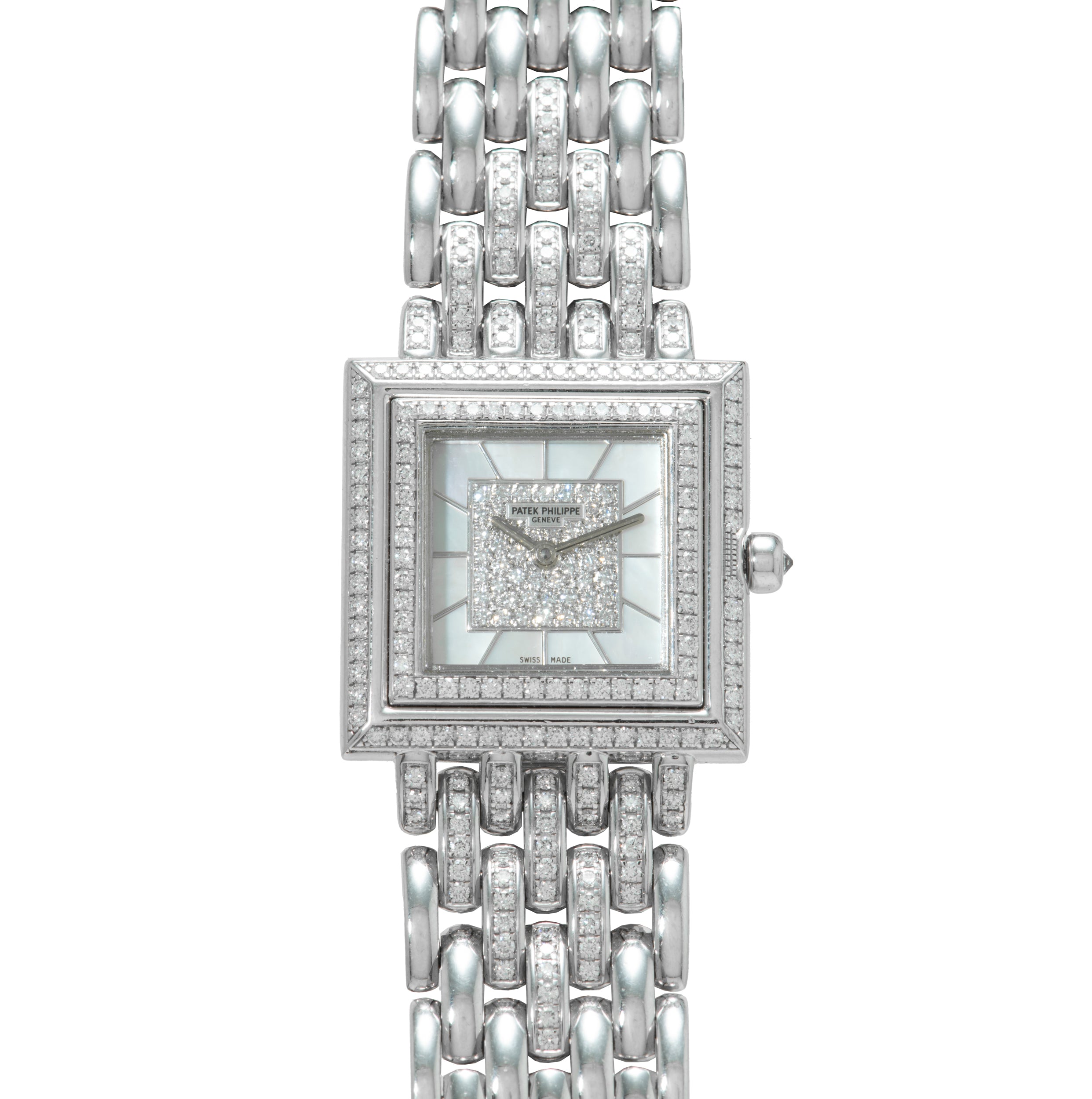 The Patek Philippe Gondolo is a luxury silver wristwatch featuring a square diamond-encrusted face and a linked bracelet band.