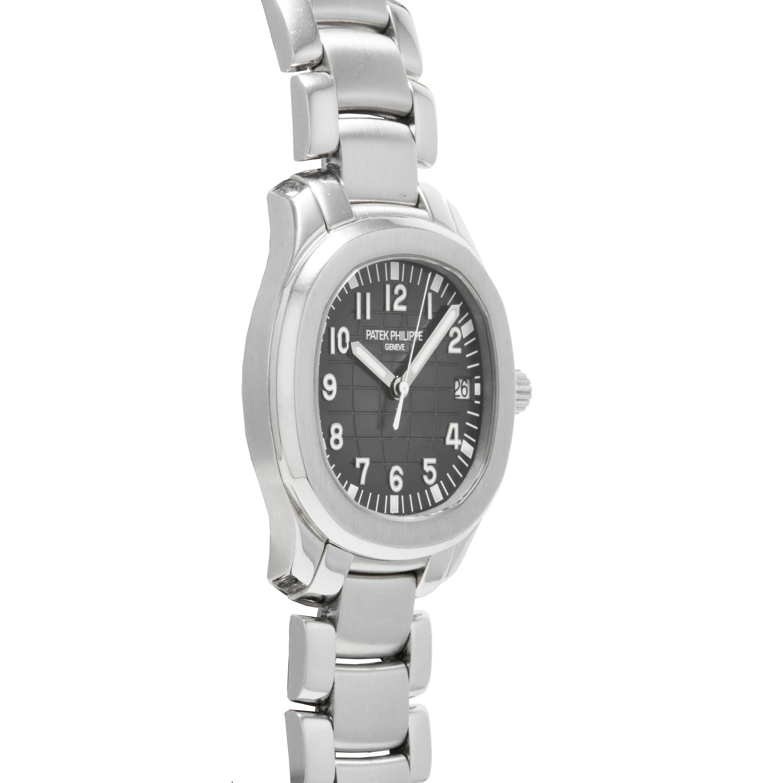 The Patek Philippe Aquanaut is a stainless steel wristwatch featuring a black dial with silver hour markers and a metal link band.