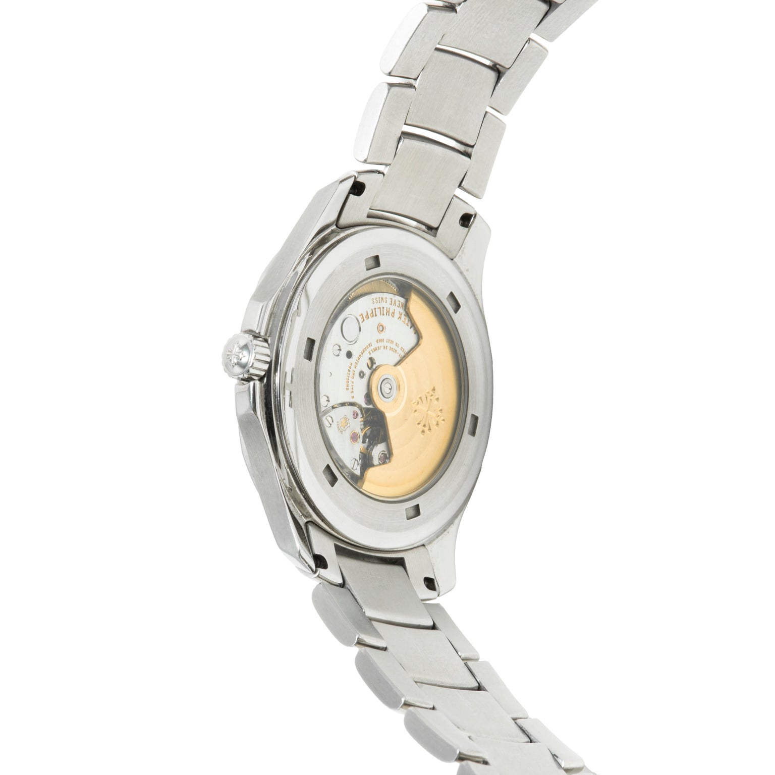 Patek Philippe Aquanaut wristwatch featuring a metal bracelet and a transparent back case displaying the internal mechanical movement.