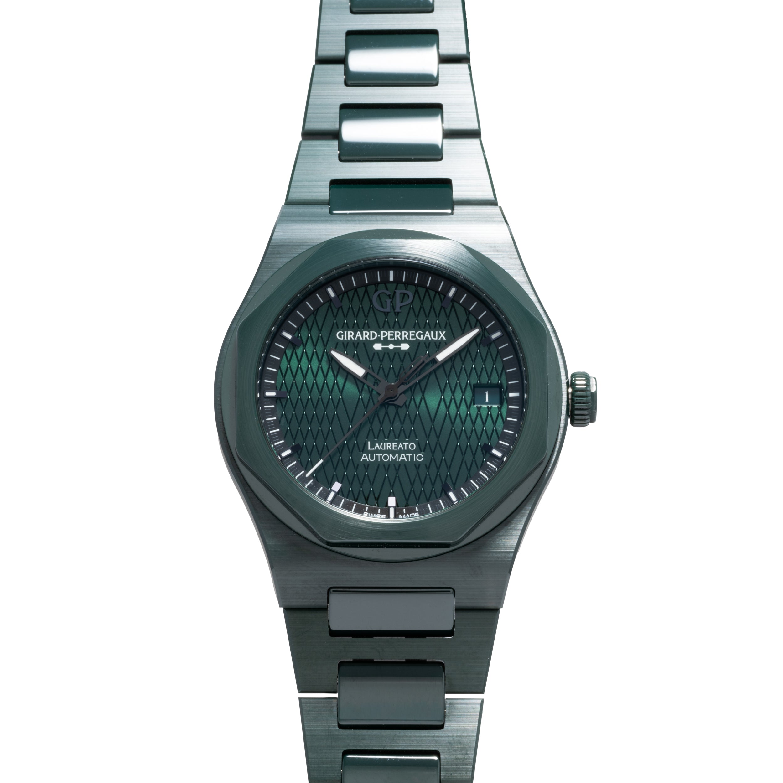 The Girard-Perregaux Laureato Green Ceramic Aston Martin Edition features a patterned green dial and a ceramic bracelet.