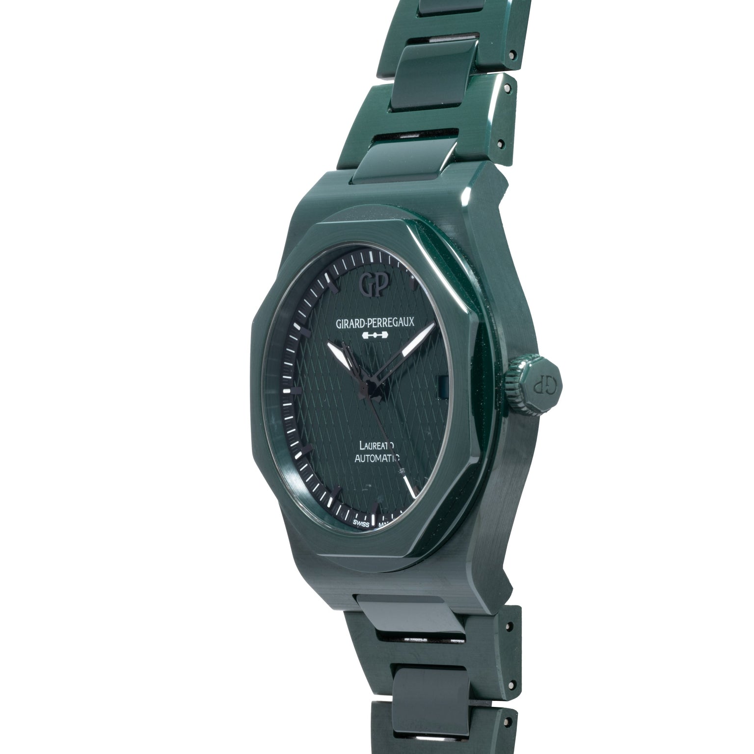Girard-Perregaux Laureato Green Ceramic Aston Martin Edition watch with a textured green dial and metal link bracelet, shown from an angled view.