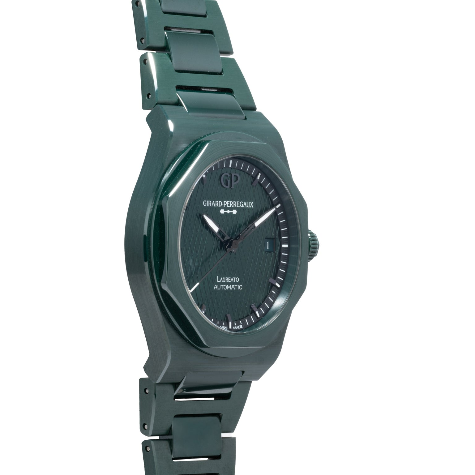 A Girard-Perregaux Laureato Green Ceramic Aston Martin Edition wristwatch with a metallic bracelet, shown at an angle.