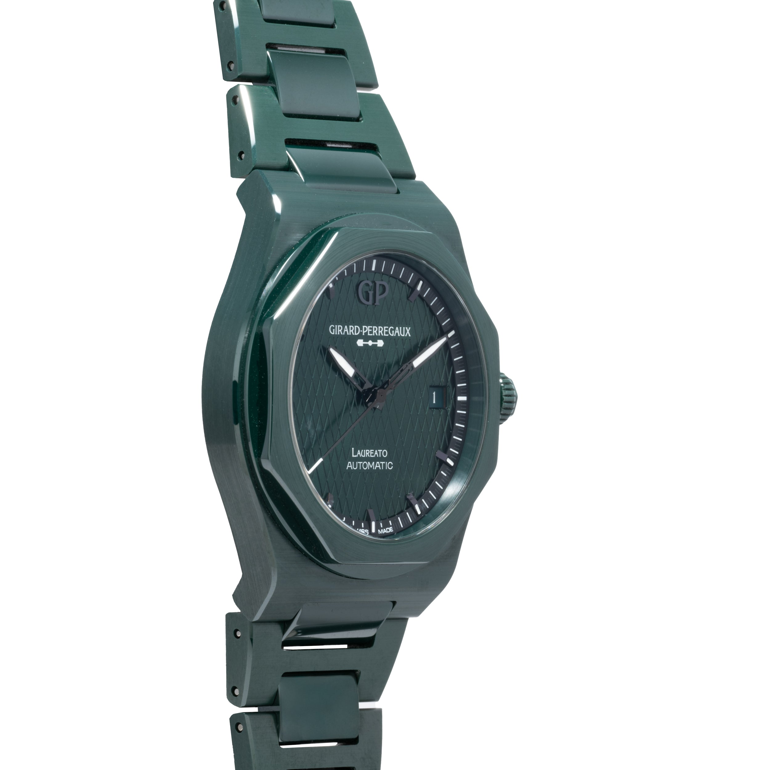 A Girard-Perregaux Laureato Green Ceramic Aston Martin Edition wristwatch with a metallic bracelet, shown at an angle.