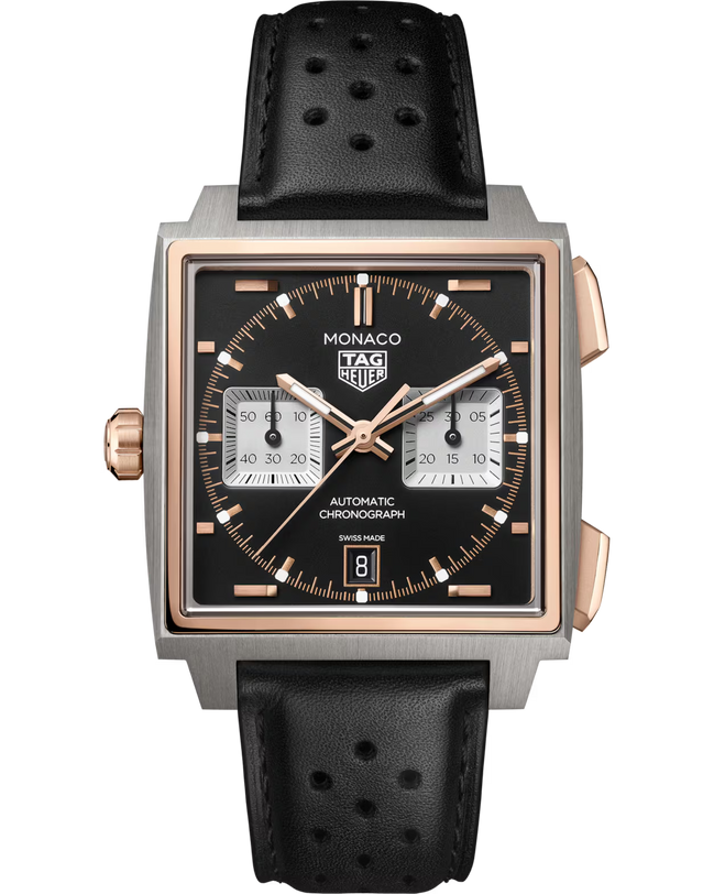 Square stainless steel and rose gold chronograph watch with black dial, white subdials, and black perforated leather strap.