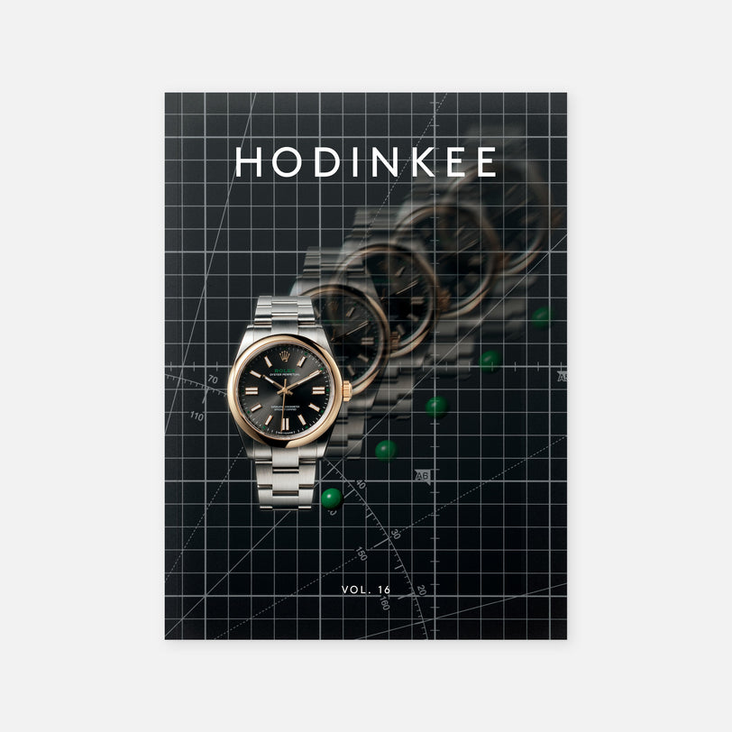 Magazine cover with a watch on a grid background and 'HODINKEE' branding.