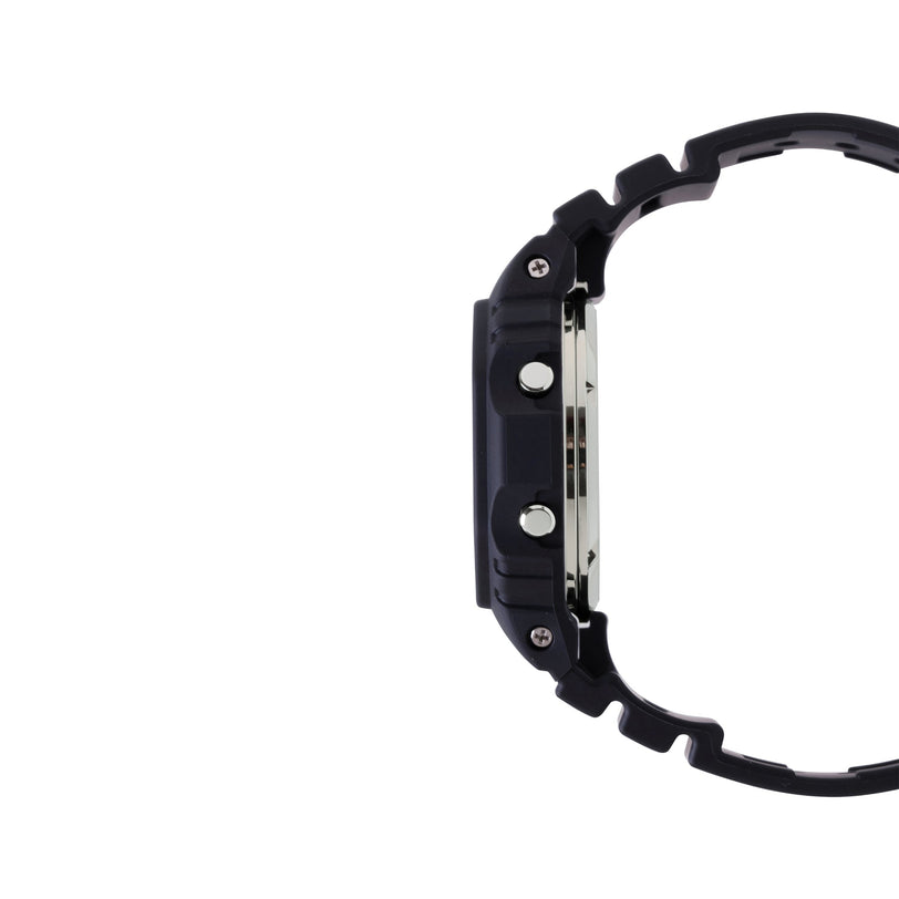 Digital watch with black resin band and stainless steel case, shown from the side view.