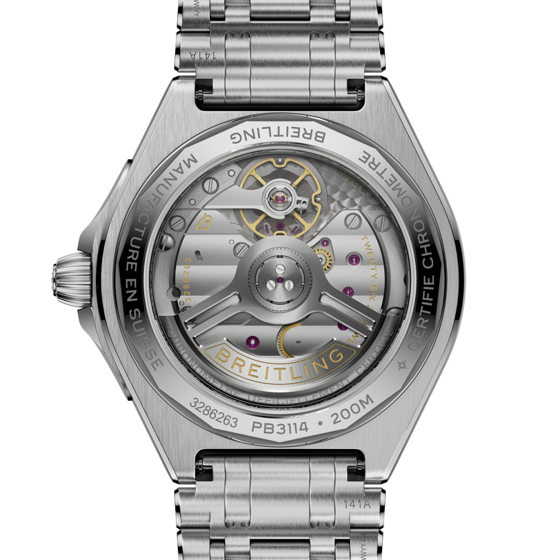 Breitling Chronomat B31 stainless steel watch with visible automatic movement through exhibition caseback and linked metal br