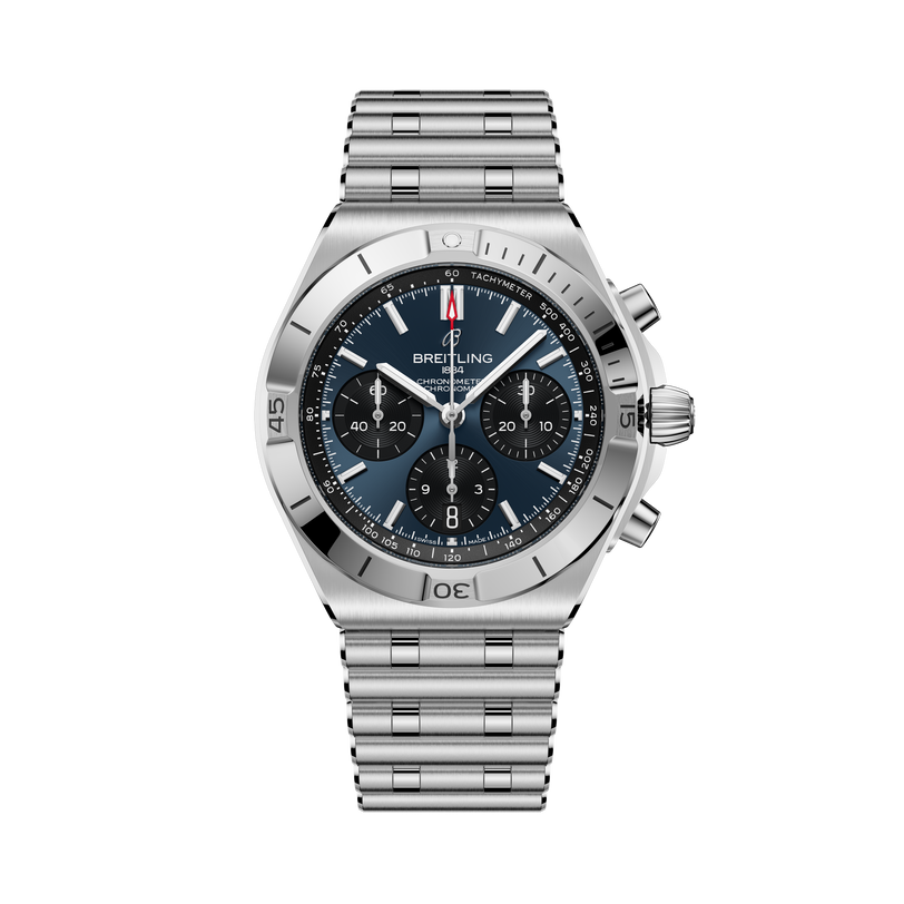 Breitling Chronomat B01 42 stainless steel chronograph watch with dark blue dial and metal bracelet.