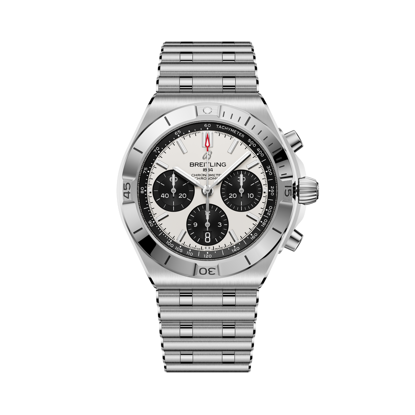 Breitling Chronomat B01 42 stainless steel watch with white dial, three black chronograph subdials, and matching metal bracel