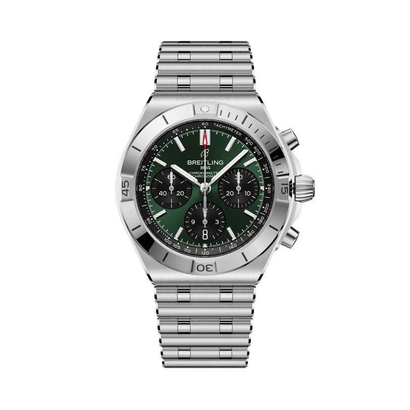 Stainless steel chronograph watch with dark green dial, tachymeter bezel, and matching metal bracelet.