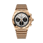 A Breitling Chronomat B01 42 Erling Haaland chronograph in gold, featuring a silver dial with three black subdials, on a matching gold bracelet.