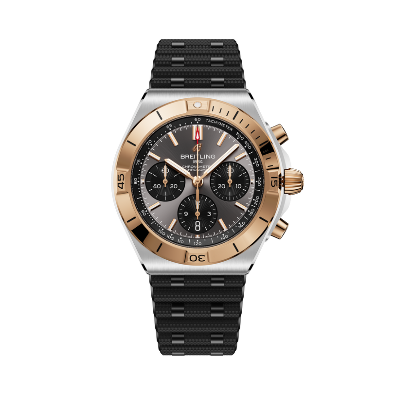 Breitling Chronomat B01 42 chronograph watch with two-tone steel and rose gold case, black dial, and black rubber strap.