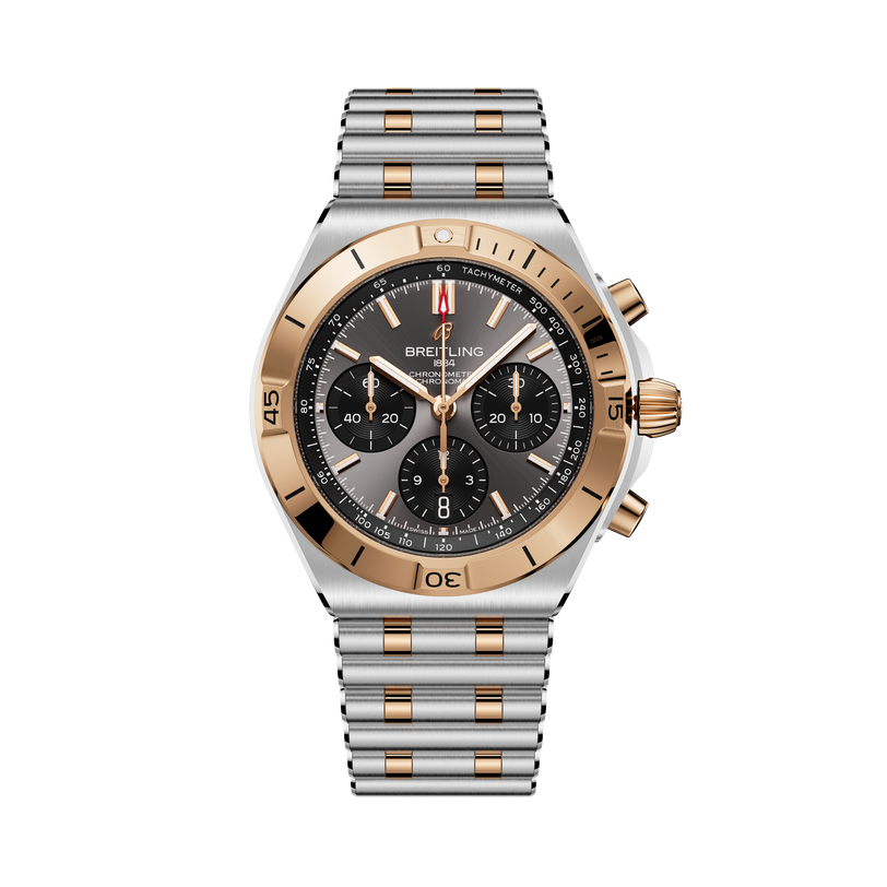 Breitling Chronomat B01 42 with two-tone steel and rose gold case, black dial, and matching bracelet.